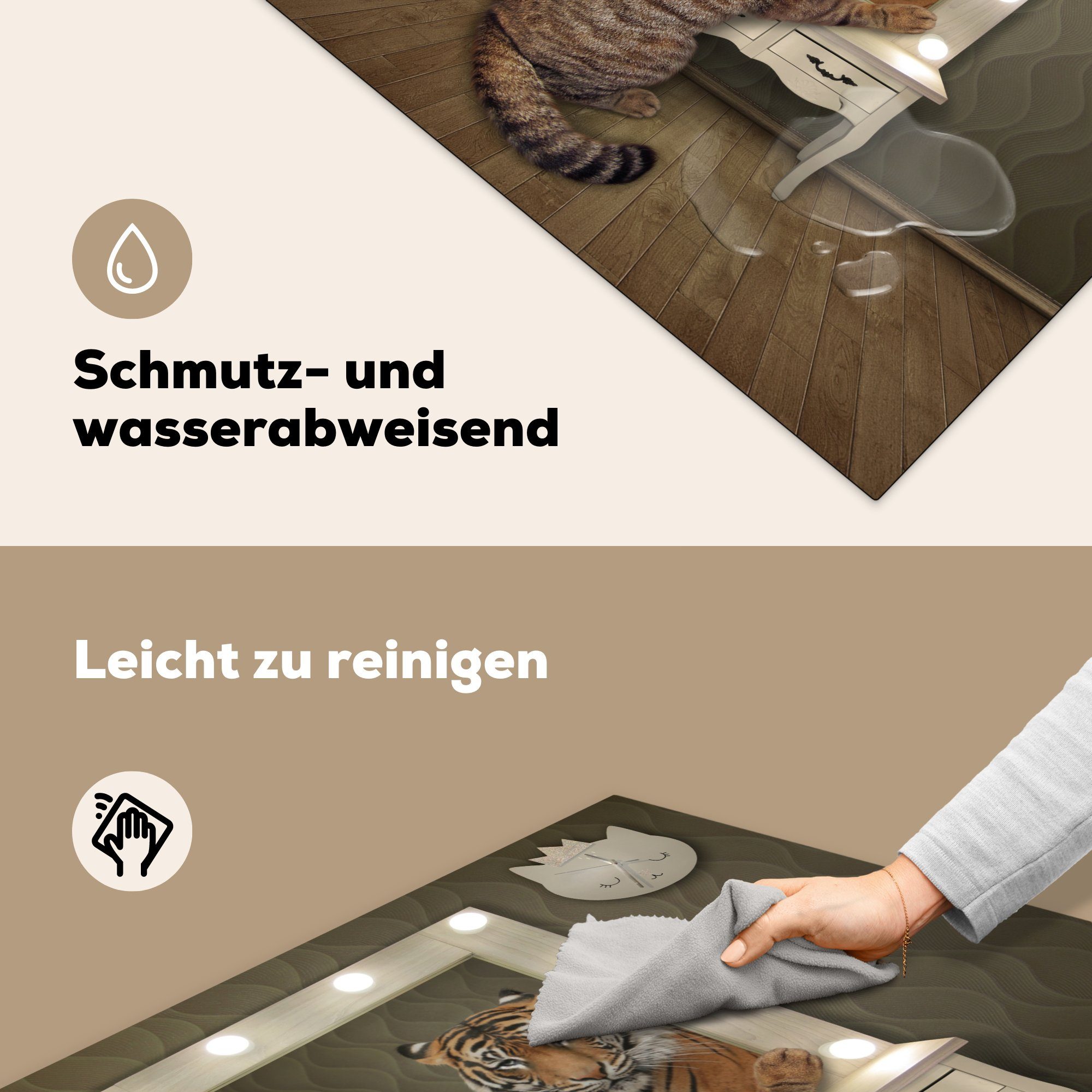küche MuchoWow Herdblende-/Abdeckplatte Ceranfeldabdeckung, (1 cm, Spiegel Katze, Vinyl, tlg), 78x78 für Arbeitsplatte - Tiger -