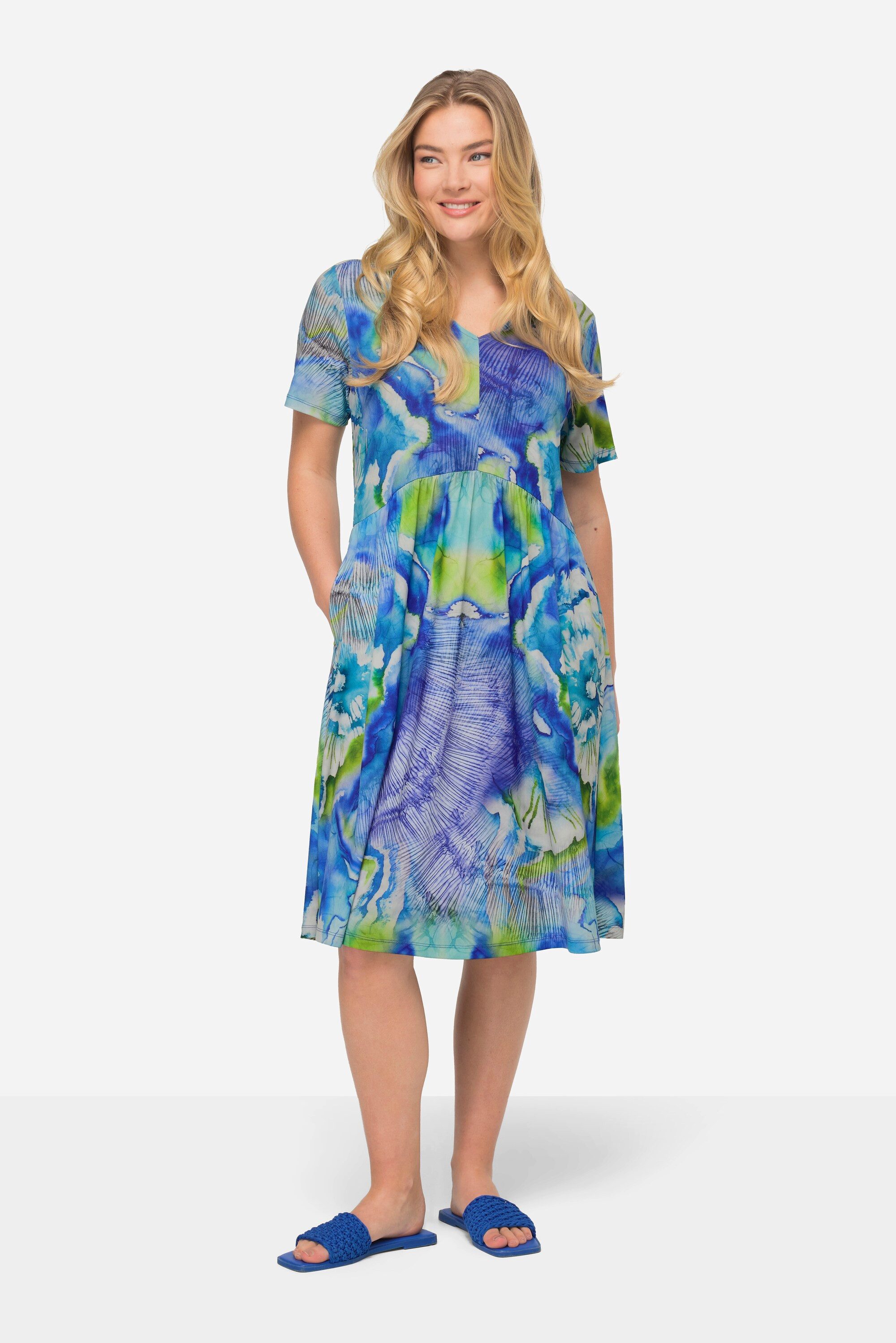 Midikleid Jerseykleid Batik-Blüten V-Ausschnitt Halbarm