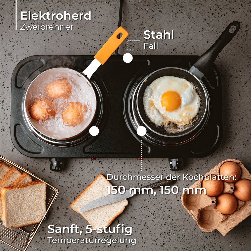 Mesko Doppelkochplatte MS 6509 Mini-Kochplatte mit 2 Kochfeldern, Tischkochplatte für Camping, Ferienhaus, Büro & kleine Küche, 2000W, Schwarz