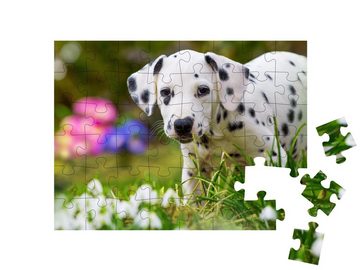 puzzleYOU Puzzle Dalmatinerwelpe mit Frühlingsblumen, 48 Puzzleteile, puzzleYOU-Kollektionen Hunde, 48 Teile, 100 Teile, Dalmatiner