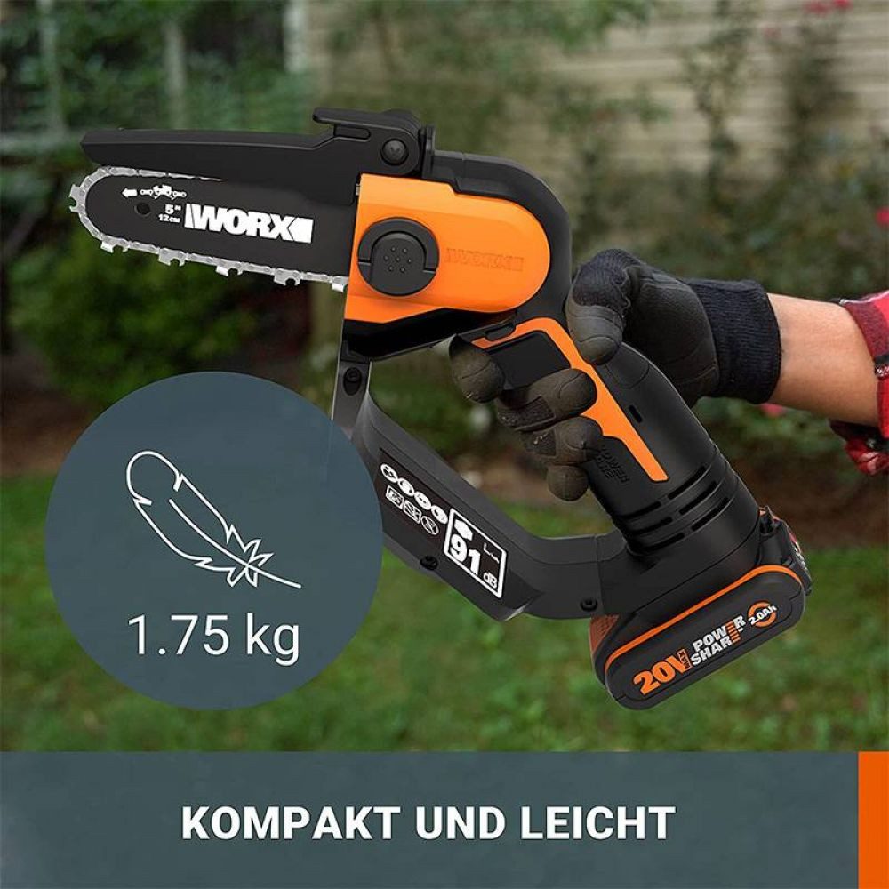 Worx Elektro-Kettensäge Worx Akku Kettensäge Einhandsäge Astsäge 20V mit 2Ah Akku und Schn