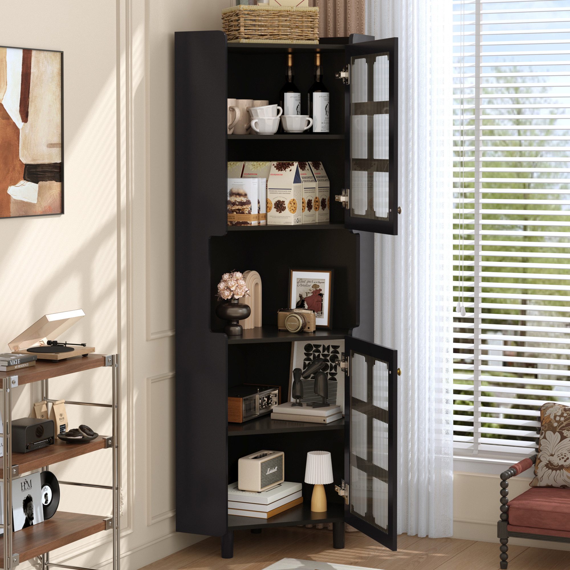 Celya Eckvitrine Eck-Schrank mit Lackschicht & LED-Beleuchtung (MDF-Platte mit weißer Lackoberfläche, für Wohnzimmer, Bücherregal, Badezimmer, Schlafzimmer, Esszimmer) Multifunktionale Ecken-Kommode