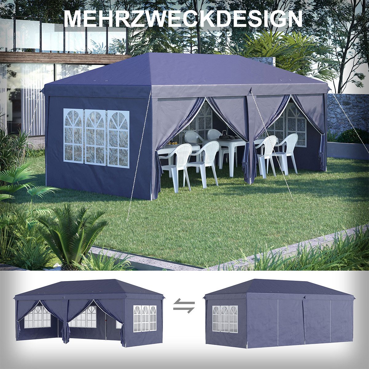 XDeer Partyzelt Pavillon mit Seitenwände & Fenster UV-Schutz Faltpavillon, Gartenpavillon für Garten & Veranstaltungen 6 x 3 m Blau