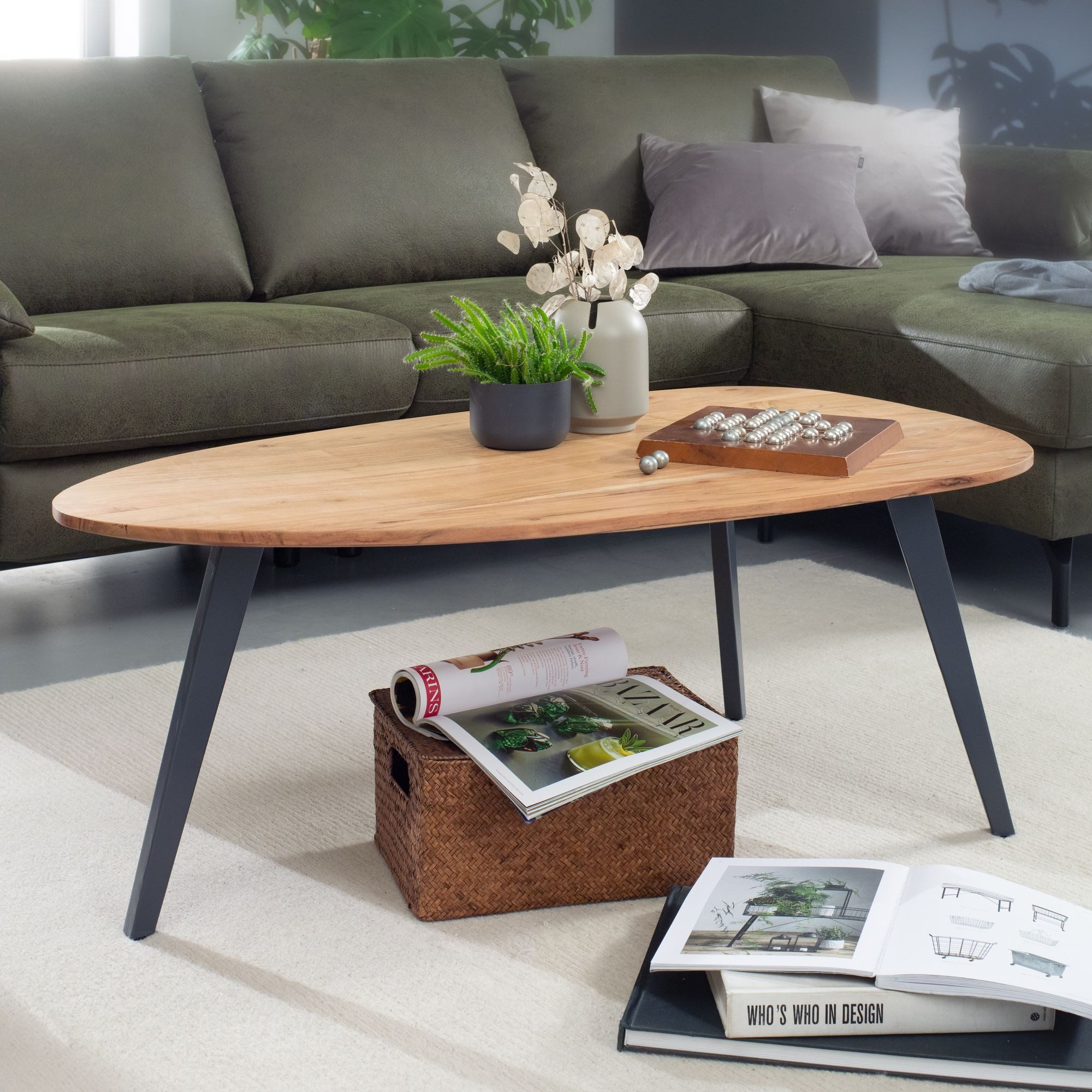 FINEBUY Couchtisch Couchtisch Akazie Massivholz oval 110 cm Wohnzimmertisch günstig online kaufen