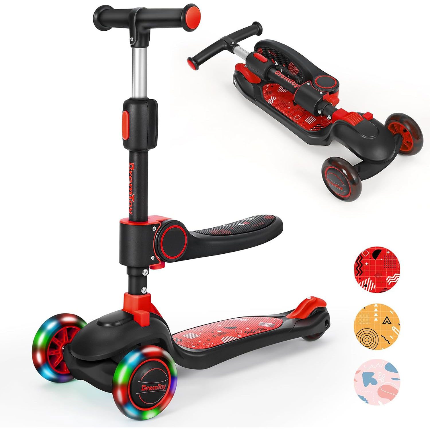 Dreiradscooter Kinder Scooter, Höhenverstellbar + Sitz/Steh + LED-Räder