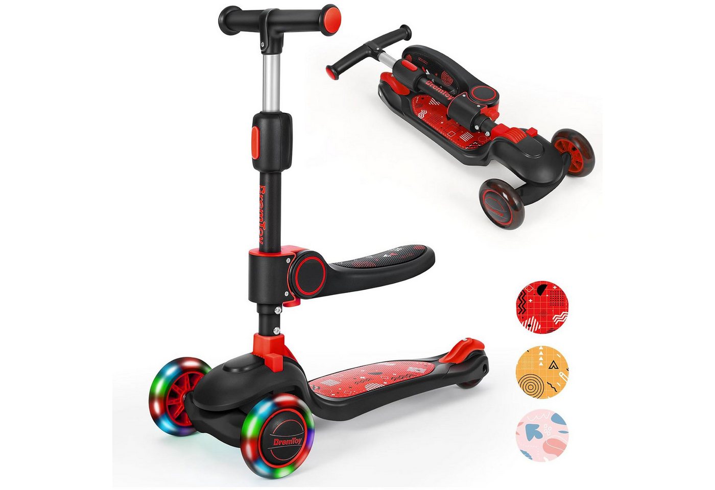 ToteBox Dreiradscooter Kinder Scooter, Höhenverstellbar + Sitz/Steh + LED-Räder