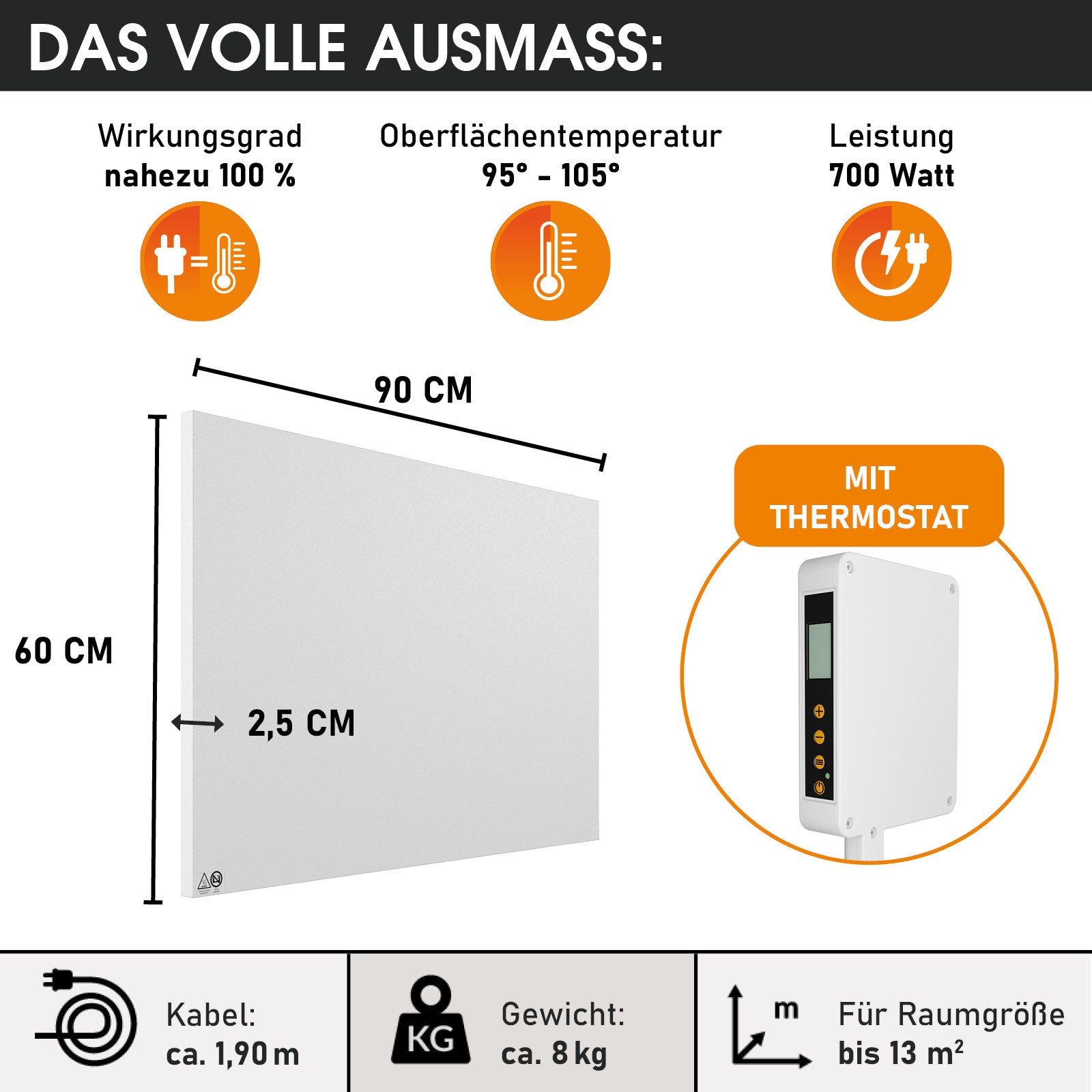 BRAST Infrarotheizung Elektroheizung Heizkörper hoher Wirkungsgrad Made in Europe, wahlweise mit Thermostat