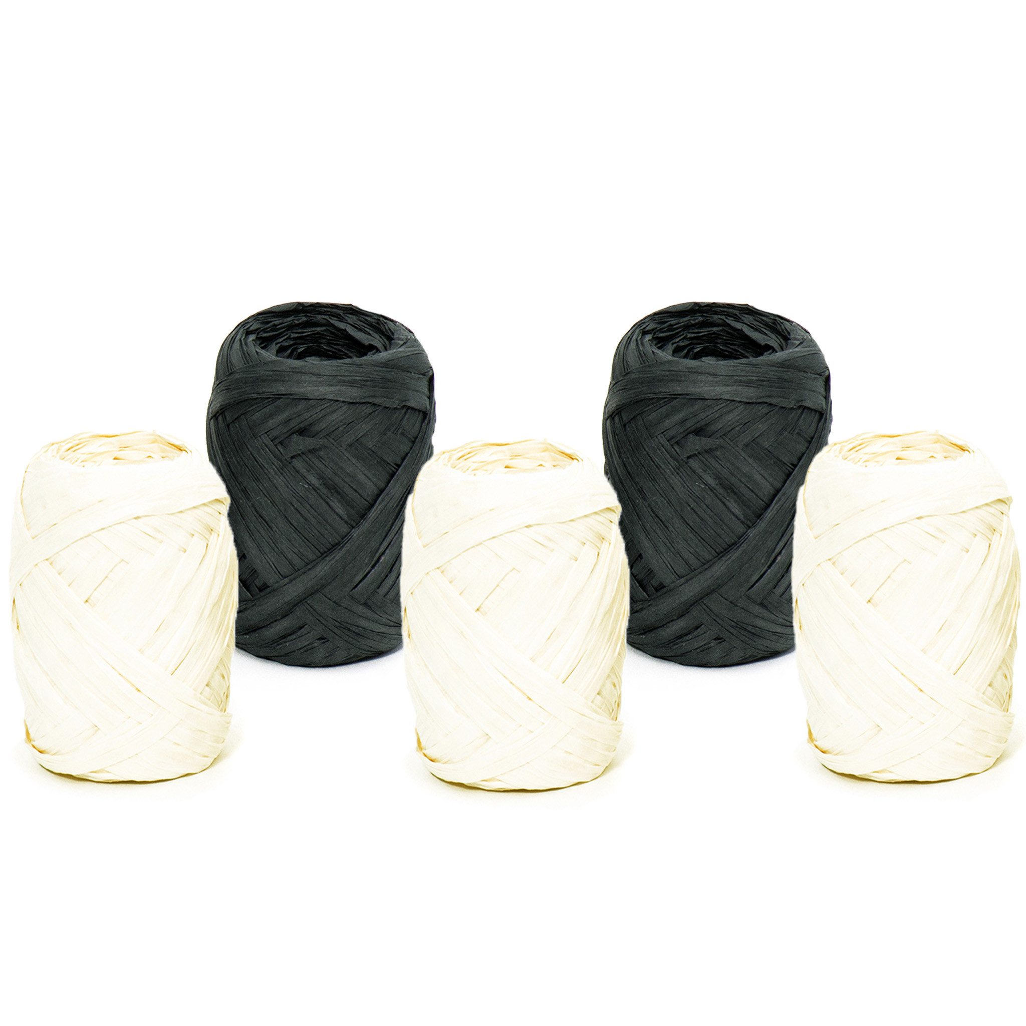 Creativery Bastelband, Papierband Raffiabast 5 Rollen Set je 20m Schwarz / Weiß Mix