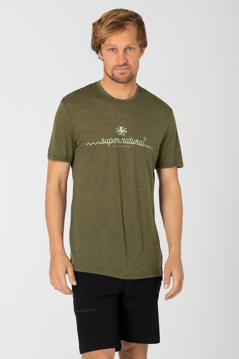 SUPER.NATURAL T-Shirt Merino T-Shirt M OCTO TEE sportlicher Merino-Materialmix Olive Night Melange/Celadan Green