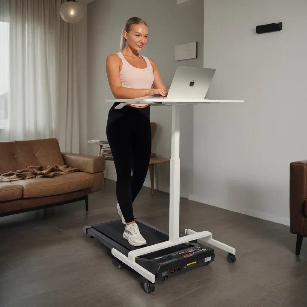 SUPERUN Schreibtisch höhenverstellbarer mobiler Stehschreibtisch mit Gasfeder (1-St), mit 360°‑Lenkrollen & stabiler Metallbasis für Homeoffice & Laufband