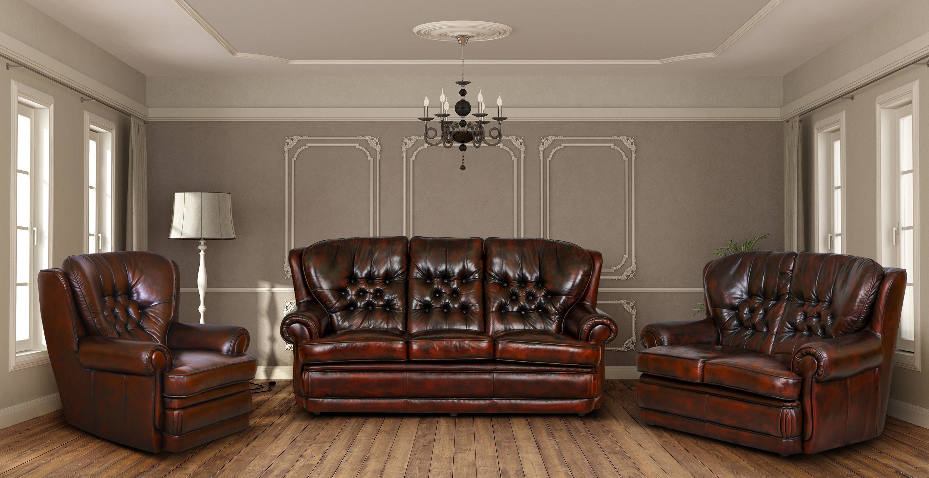 Salottini Polstergarnitur Luxus Sofagarnitur Leder 3/2/1 Chesterfield Sting ROT, (3-tlg)