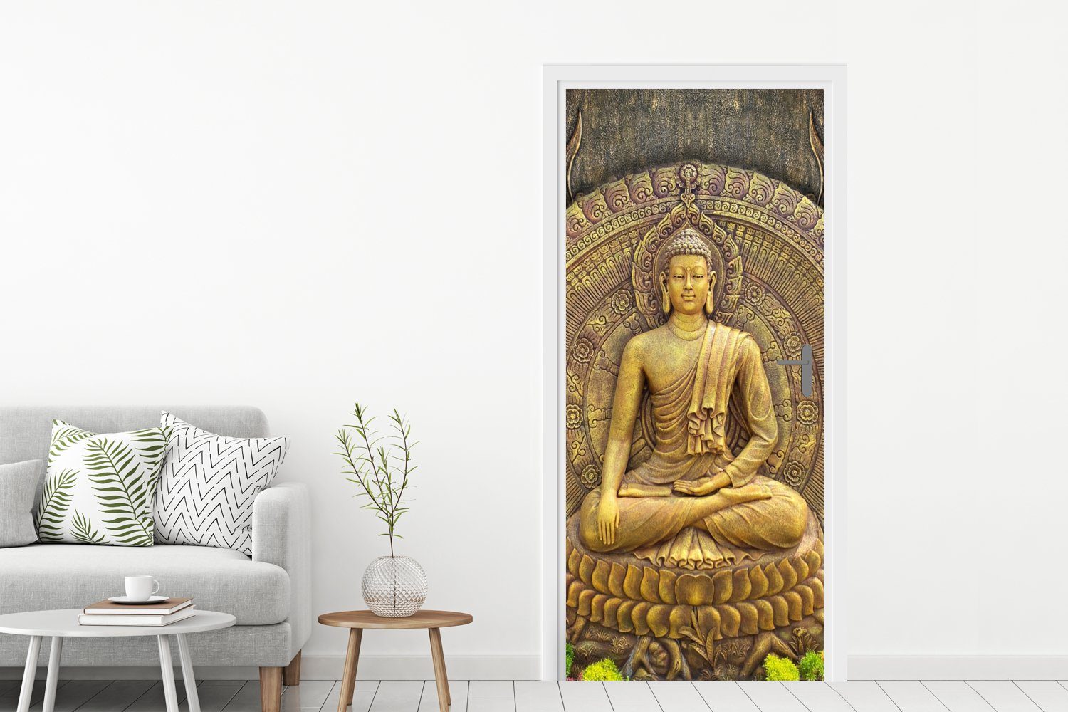 (1 bedruckt, Türtapete Tür, 75x205 für Buddha-Statue Fototapete Türaufkleber, St), - cm Spirituell - Matt, MuchoWow - Meditation, Gold