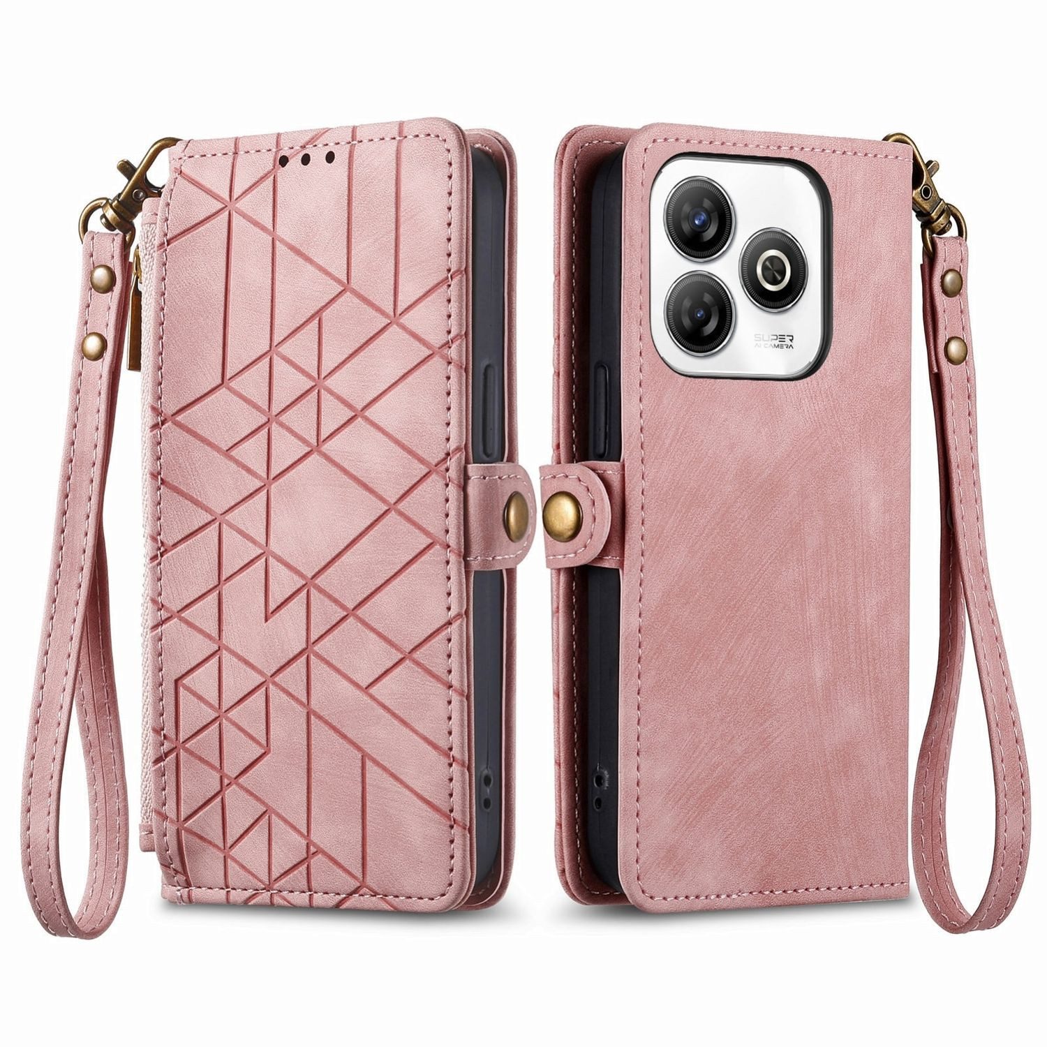 Wigento Handyhülle Für ZTE Blade A75 4G Design Kunstleder Zipper Book Wallet Tasche Rosa, Kartenfächer, Reißverschlussfach, Standfunktion