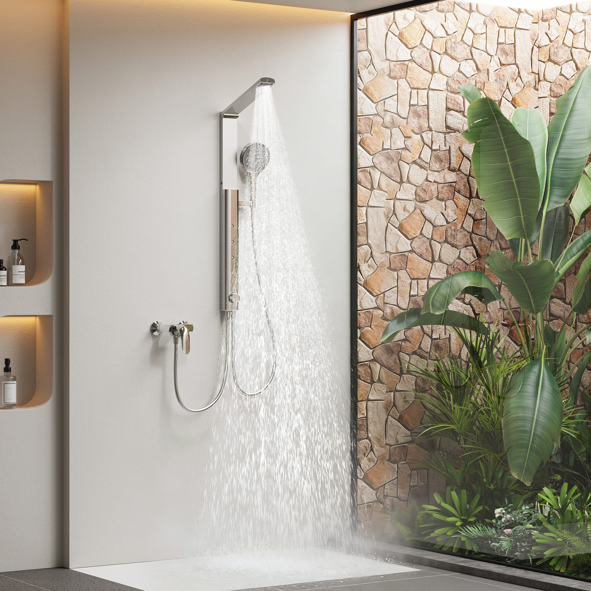 HOROW Duschsystem Brausegarnitur mit Thermostatarmatur und faltbarer Regendusche, 4 Strahlart(en), Regendusche Set, 3 Massage-Modi, Klappbares Duschset, Höhenverstellbar