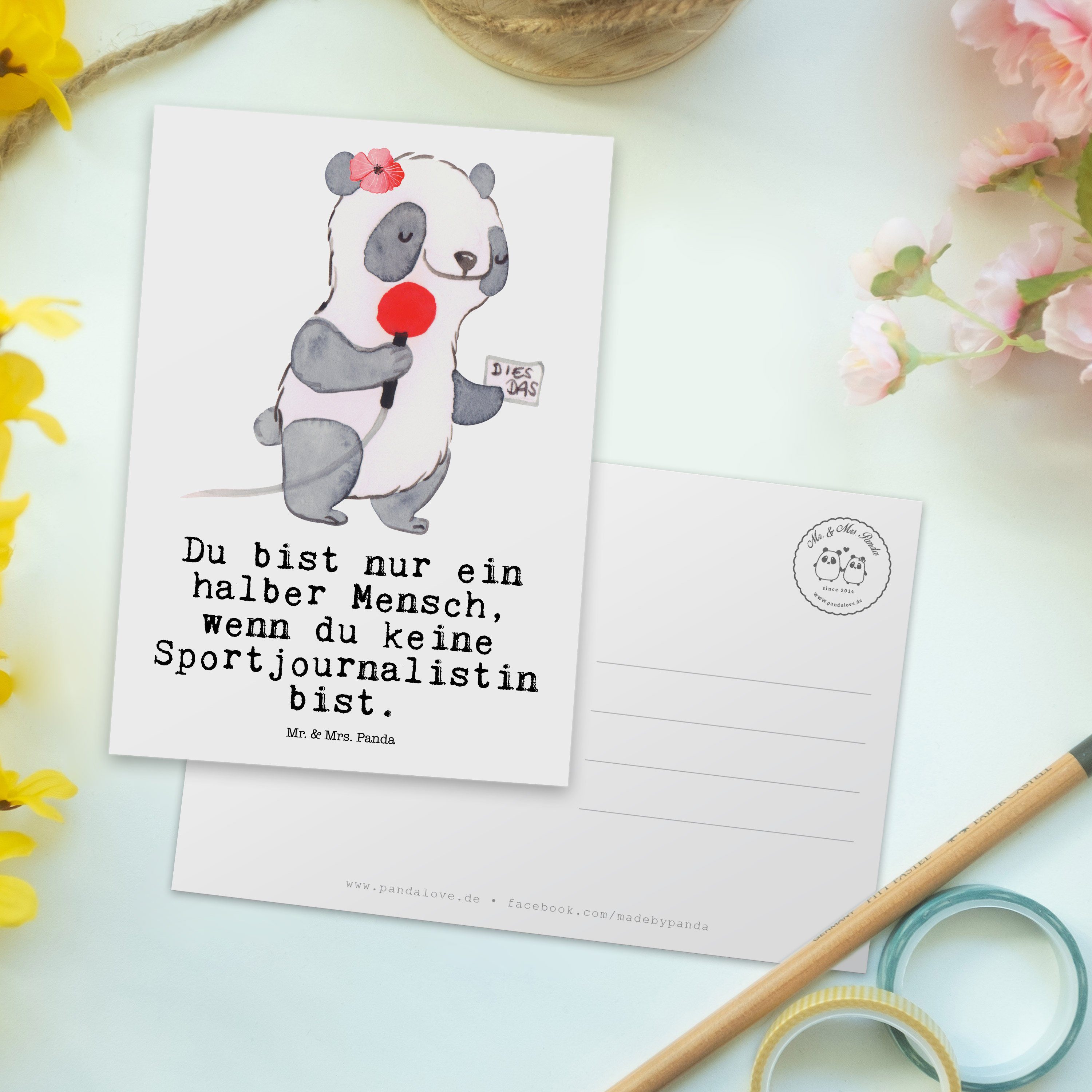 R Sportjournalistin & mit Mr. Firma, - Panda Geschenk, Mrs. - Herz Postkarte Ansichtskarte, Weiß