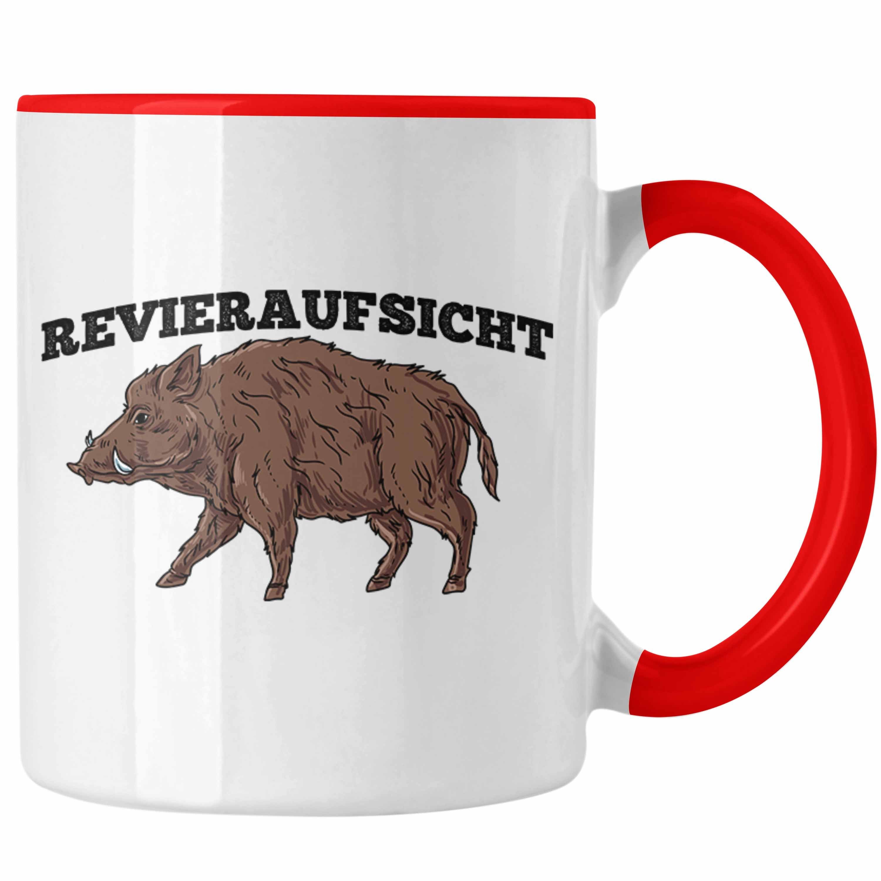 Trendation Tasse Lustige Tasse "Revieraufsicht" Wildschwein Grafik Geschenk für Jäger J Rot