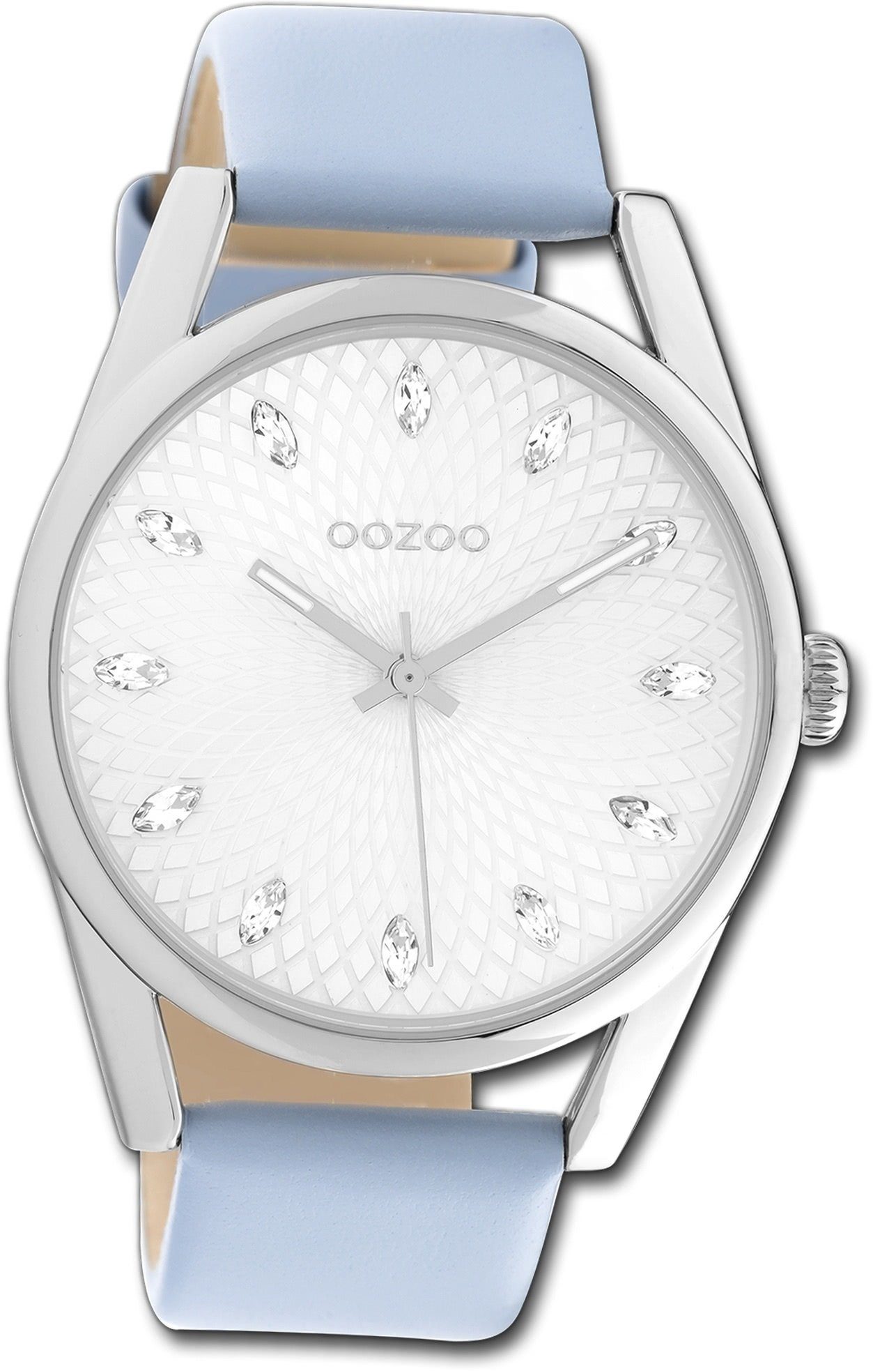 OOZOO Quarzuhr Oozoo Damen Armbanduhr Timepieces, Damenuhr Lederarmband blau, rundes Gehäuse, groß (ca. 45mm)