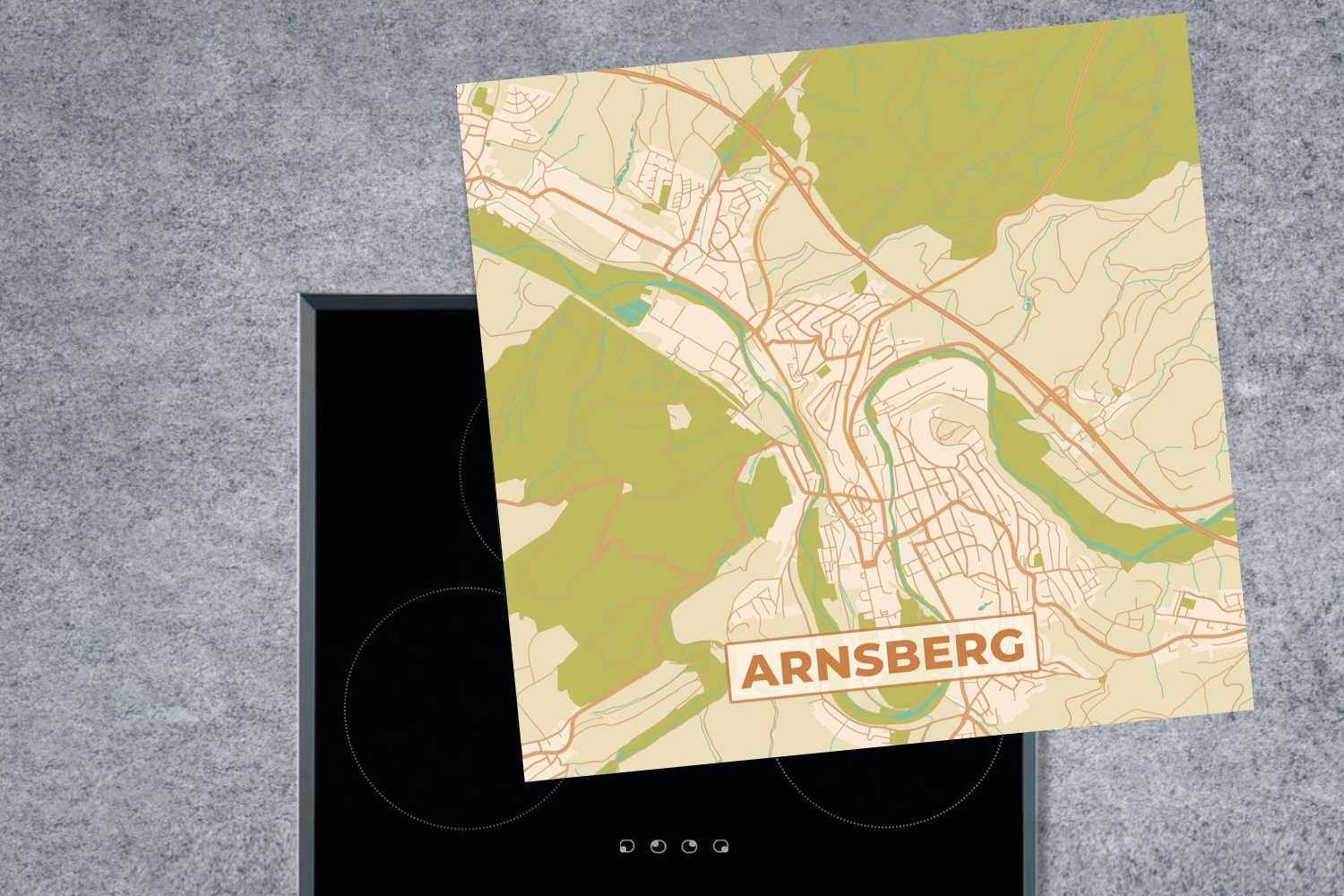 - für - Stadtplan, Ceranfeldabdeckung, (1 MuchoWow tlg), Arnsberg cm, Herdblende-/Abdeckplatte - 78x78 - Arbeitsplatte Karte Vinyl, Karte Vintage küche