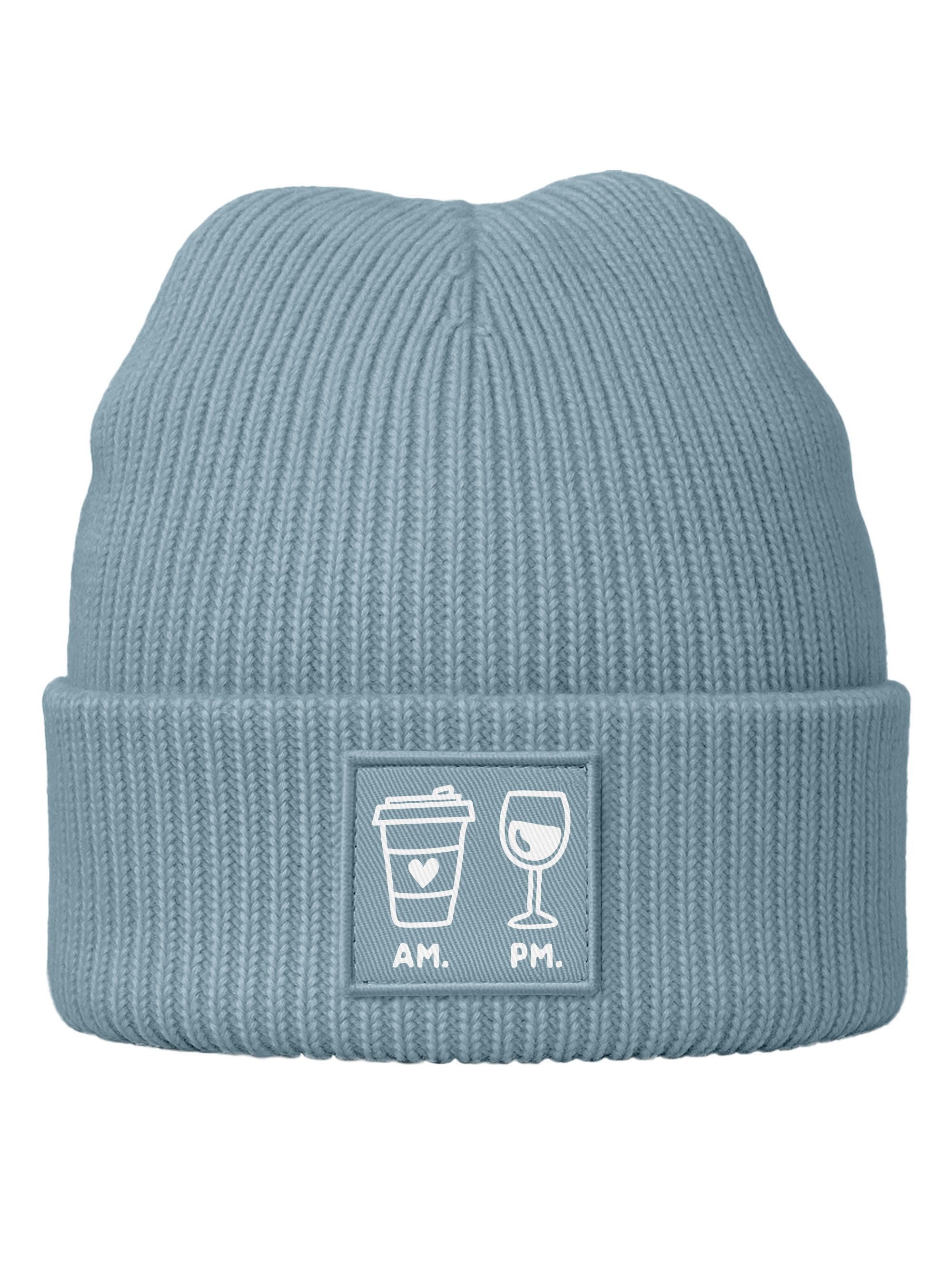 Strickmütze Damen Beanie Patch Coffe & Wine AM PM Aufdruck Print Wintermütze