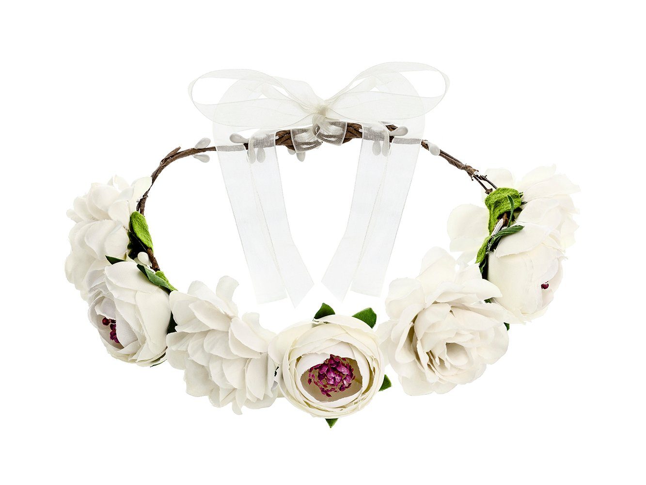partydeco Diadem, Blumenkranz für die Haare mit Kunstblumen Durchmesser 17cm weiß