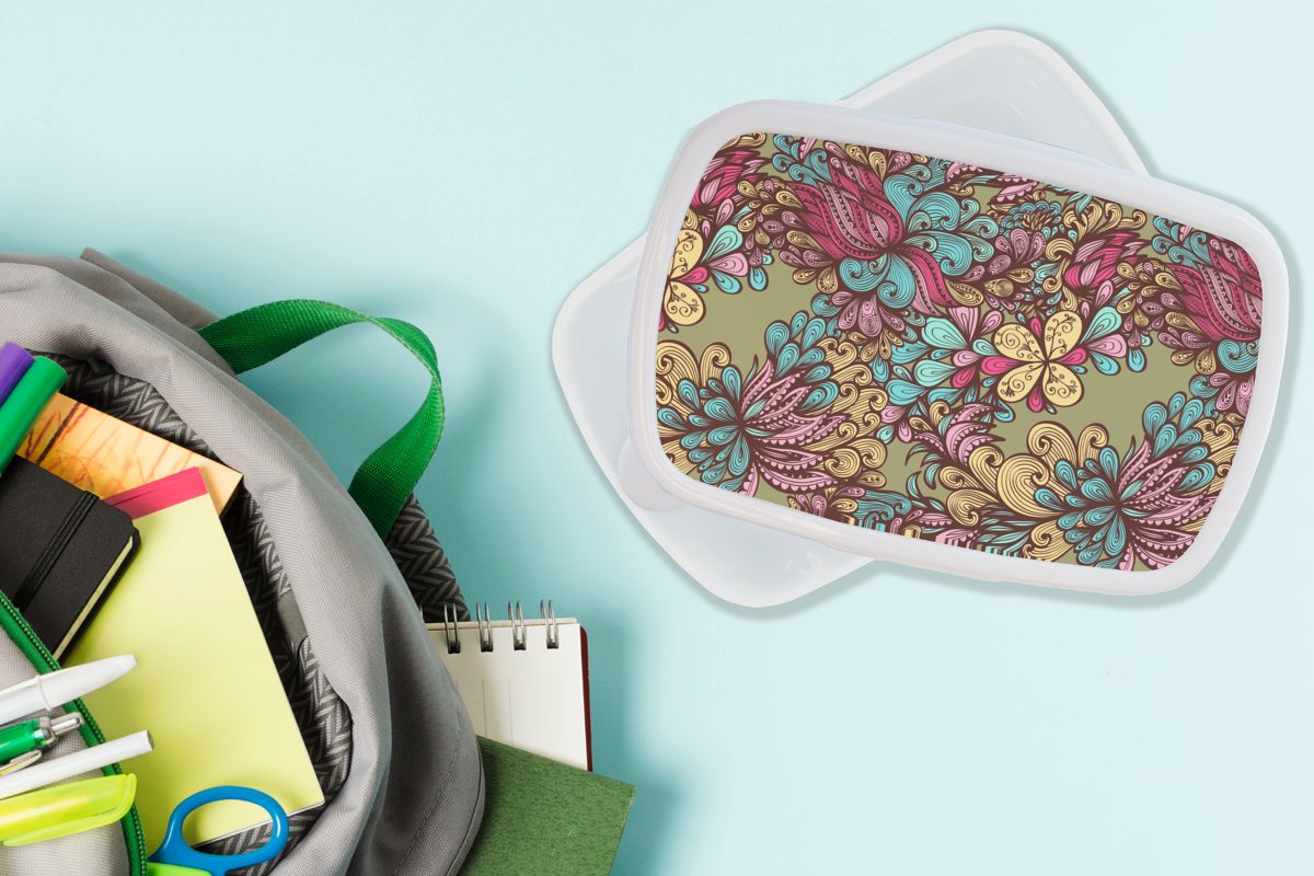 für Muster Lunchbox für Mädchen und Brotbox Brotdose, Jungs MuchoWow - (2-tlg), Kinder Kunststoff, Abstrakt, - weiß und Erwachsene, Blätter