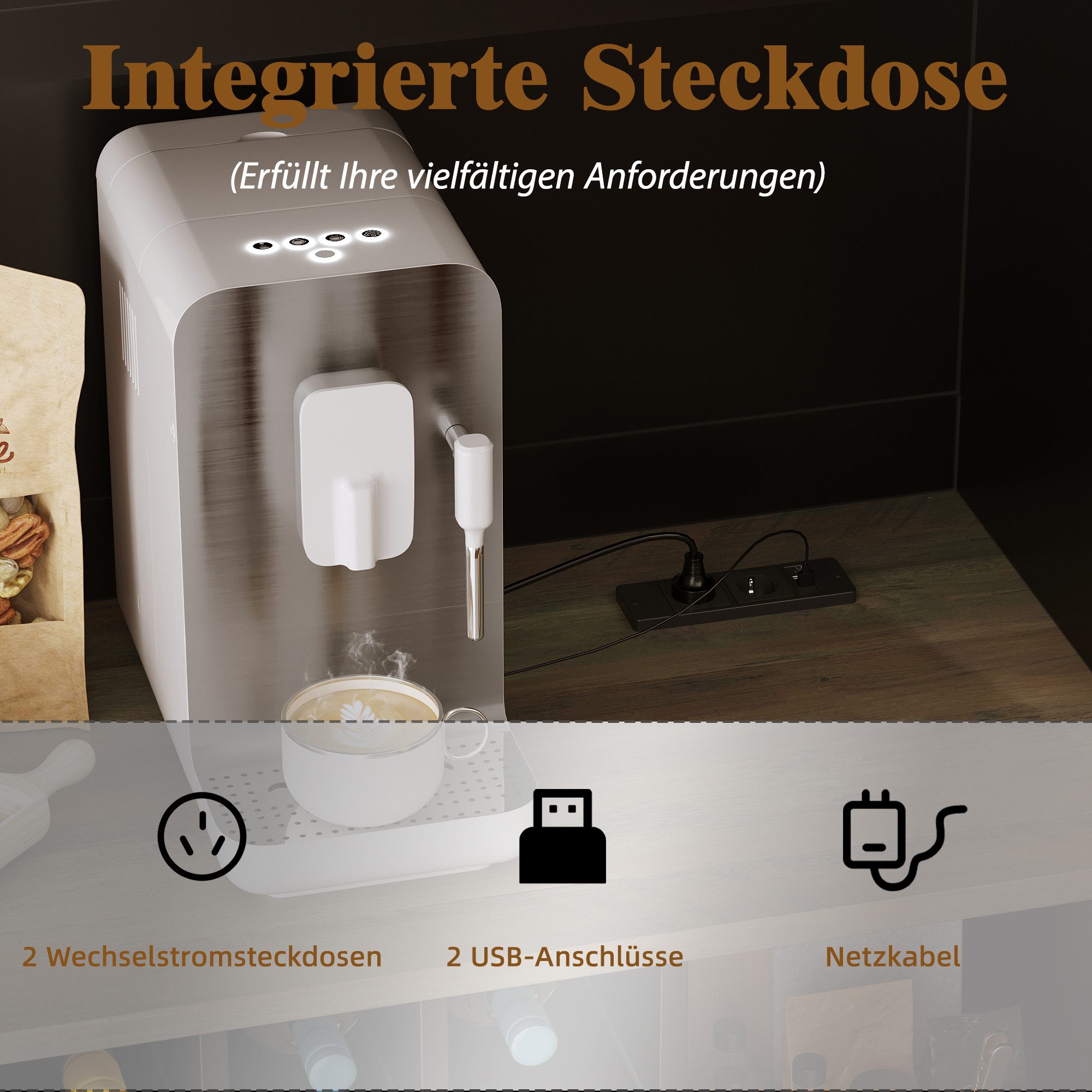 i@home Küchenbuffet Küchenhochschrank mit LED-Beleuchtung & Steckdose 6 Türen + 2 Schubladen + Weinregal, Schwarz – Bild 5 von 5