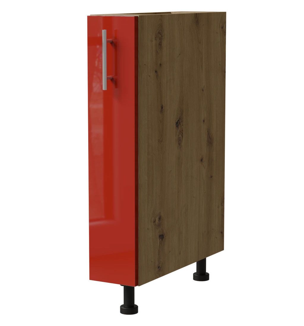 Feldmann-Wohnen Apothekerschrank Brerra (D15/kargo, 1 Türfront, innen 1 Korbauszug mit 2 Ablagen, 1-St., moderne Optik, lackierte Fronten, 15x50x82cm) Eiche Artisan / RAL 3002 karminrot Hochglanz / Korb links