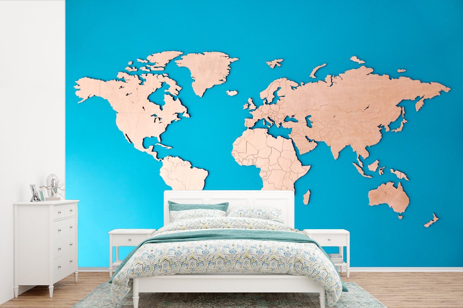 MuchoWow Fototapete Weltkarte - Holzfarbe - Blau, Matt, bedruckt, (6 St), Wallpaper für Wohnzimmer, Schlafzimmer, Kinderzimmer, Vinyl Tapete