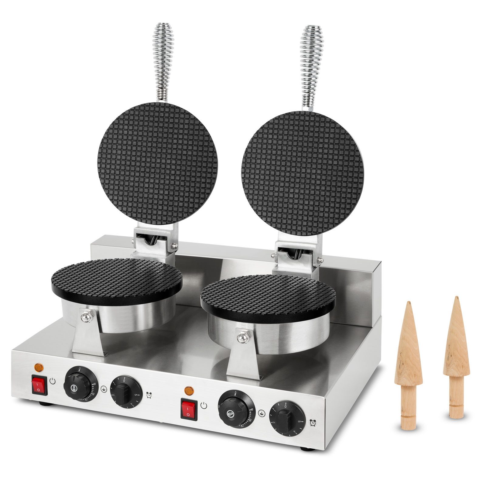 vertes Waffeleisen doppelt Hörncheneisen für Eiswaffeln 48 Stück pro Std regelbar 0-300°C, 2000 W, Timer teflonbeschichtet Gusseisen Hörnchenautomat Edelstahlgehäuse