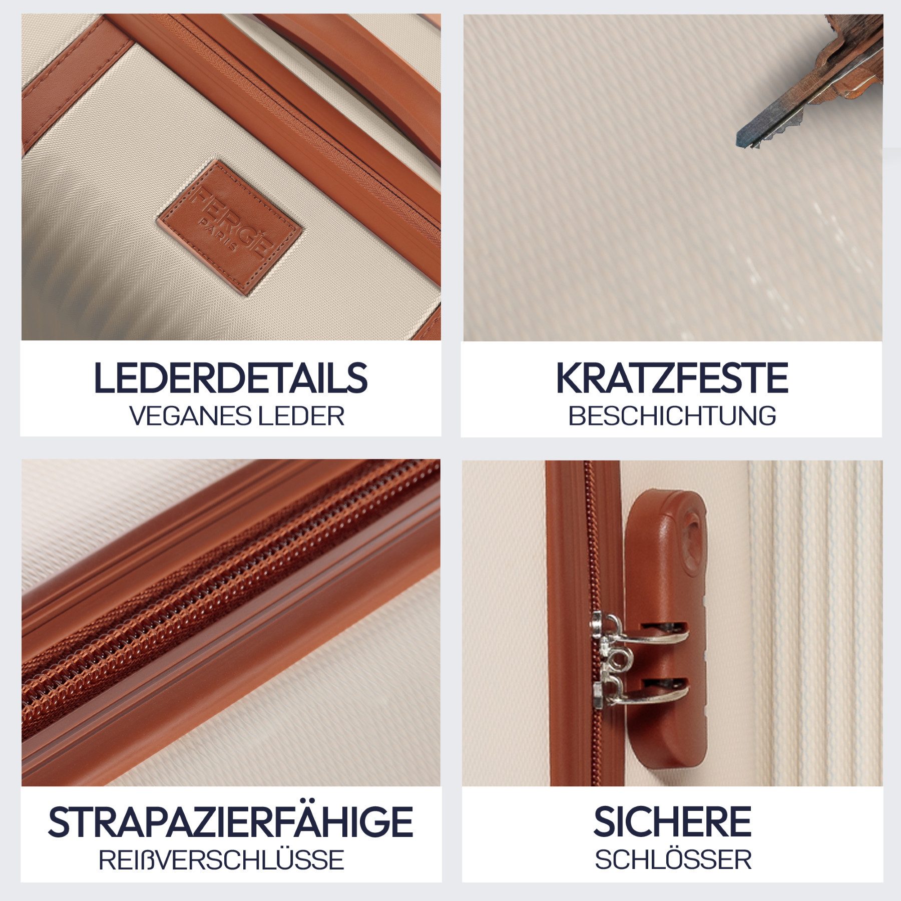 FERGÉ Kofferset Hartschale 3 teilig Koffer Set MILANO Creme, 4 Rollen, (3er Kofferset stabil und leicht mit Zahlenschloß, 3 tlg., Hartschalen-Trolley Set 3 Größen Handgepäck Koffer M XL), Trolley 3er Koffer Set, Reisekoffer 4 Rollen, Premium Rollkoffer