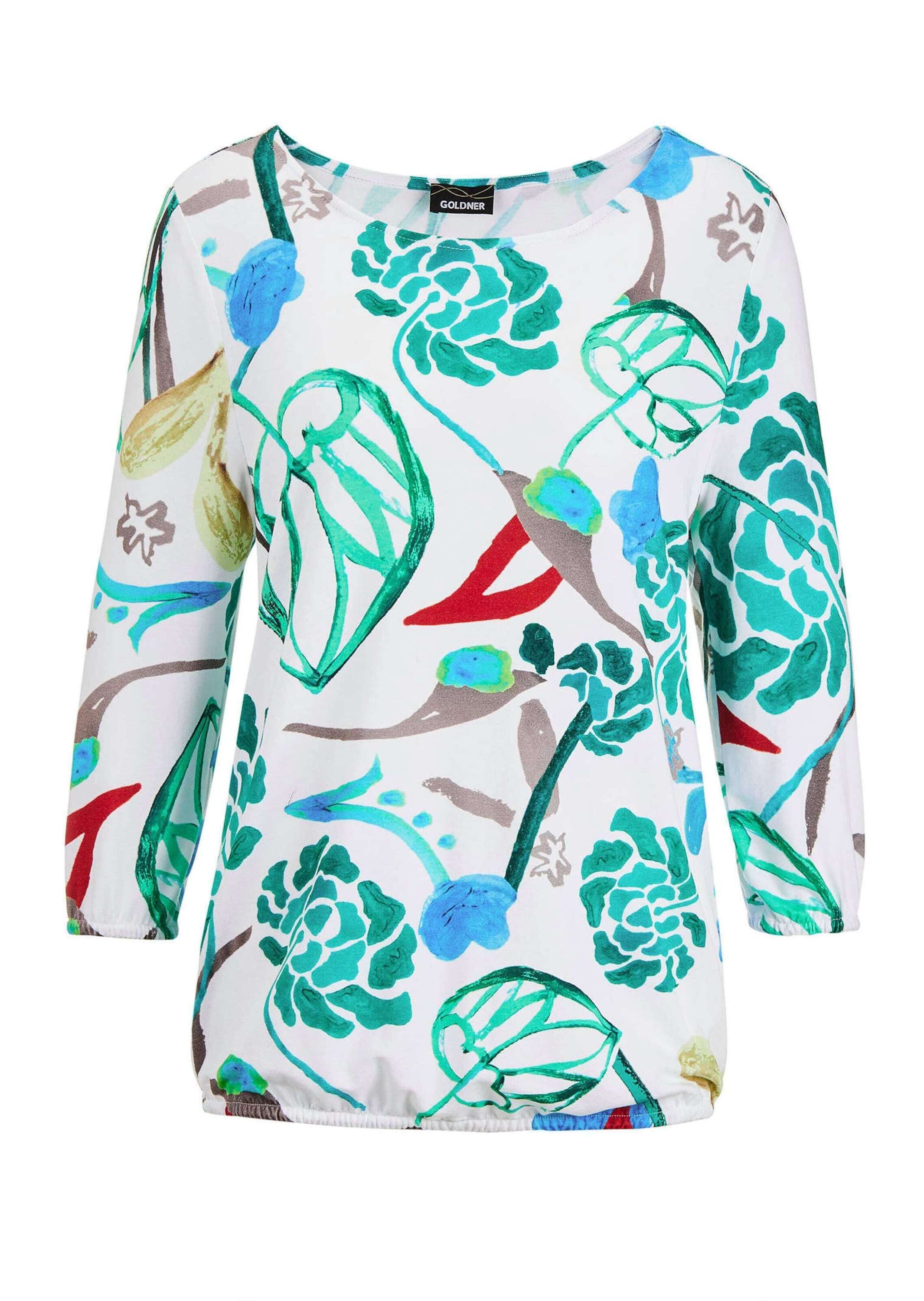 GOLDNER T-Shirt Viskoseshirt mit Allover-Druck Druckshirt mit U-Boot-Ausschnitt, Gummibündchen und 3/4-Arm