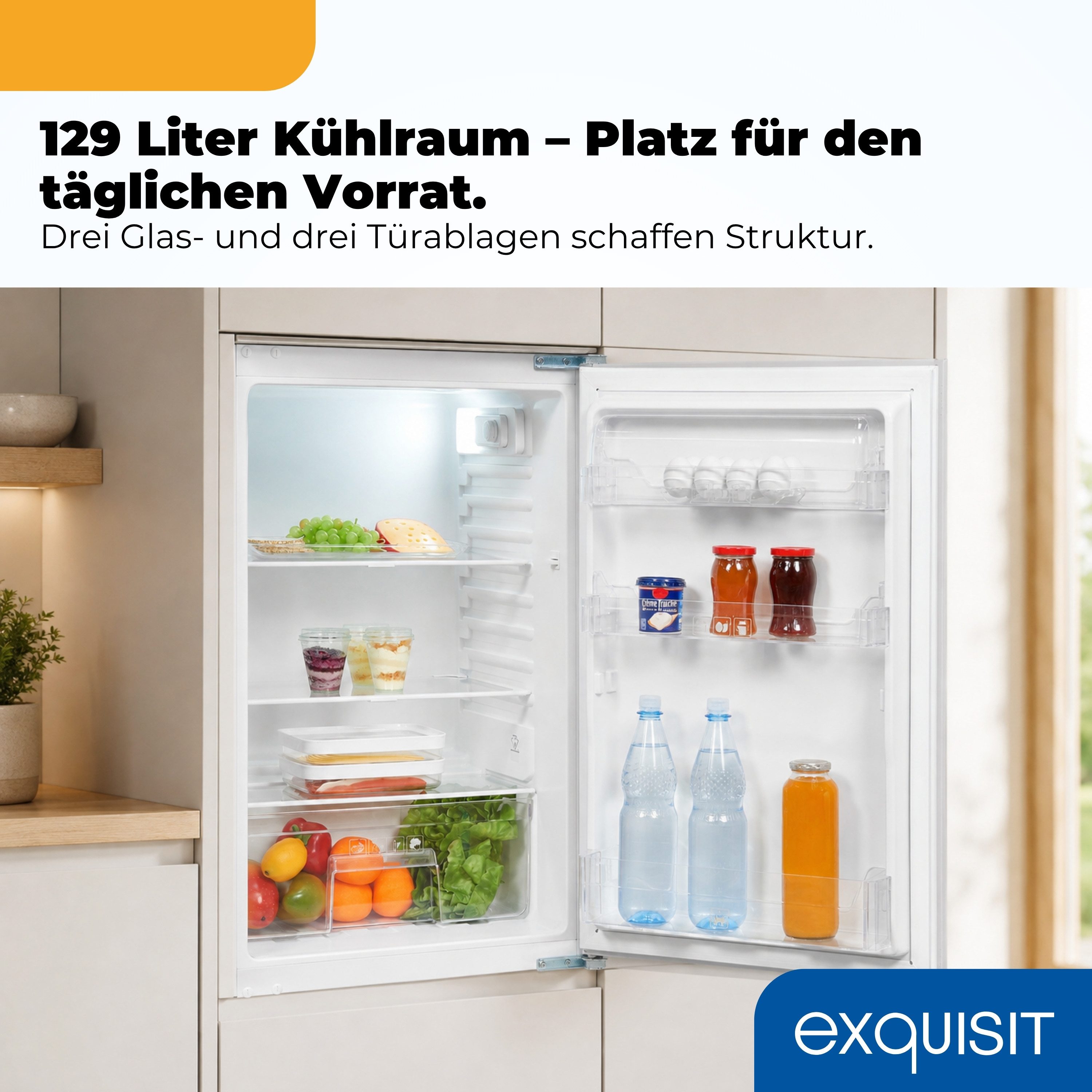 exquisit Vollraumkühlschrank EKS131-V-040F, 88 cm hoch, 54 cm breit, 129 l Nutzinhalt, LED Beleuchtung, Energieklasse F, Geräuschklasse C – Bild 5 von 5