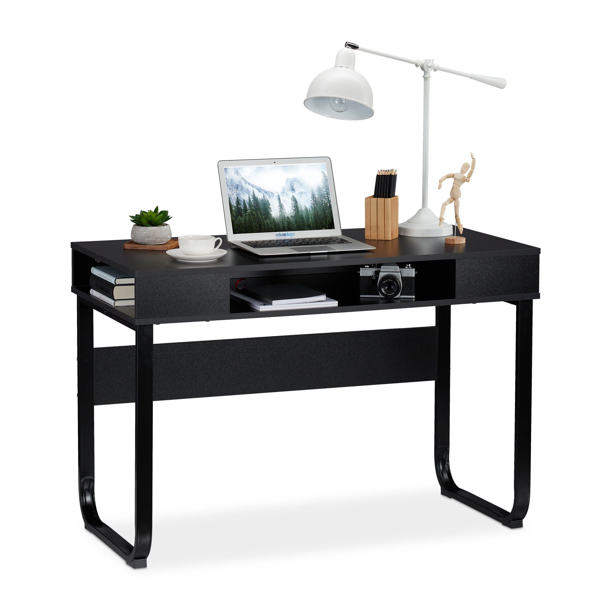 relaxdays Schreibtisch Schreibtisch mit 3 Ablagefächern, Schwarz / Schwarz