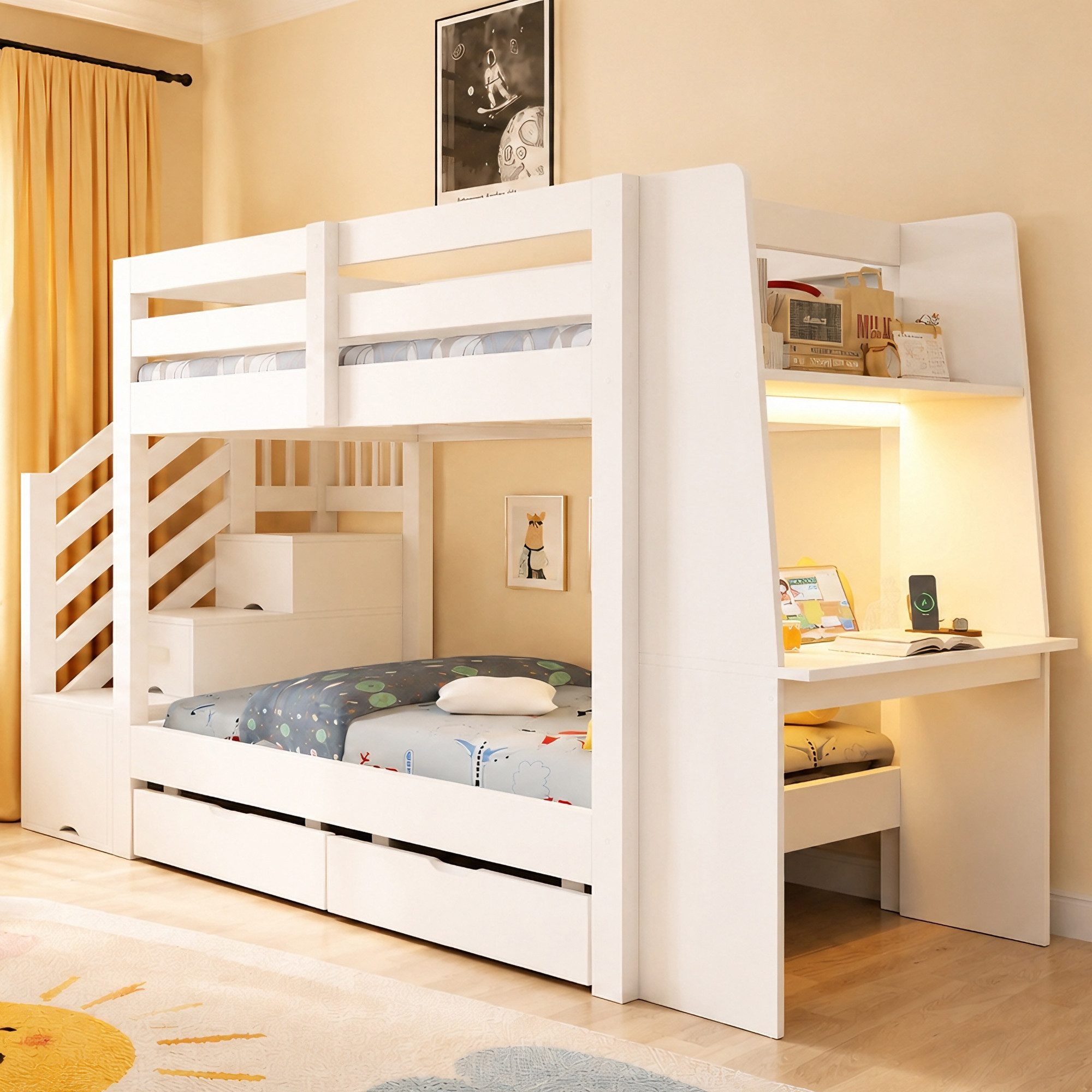 Flieks Etagenbett, Kinderbett 90x200cm mit Schreibtisch, LED & Aufladen, 2 Schubladen