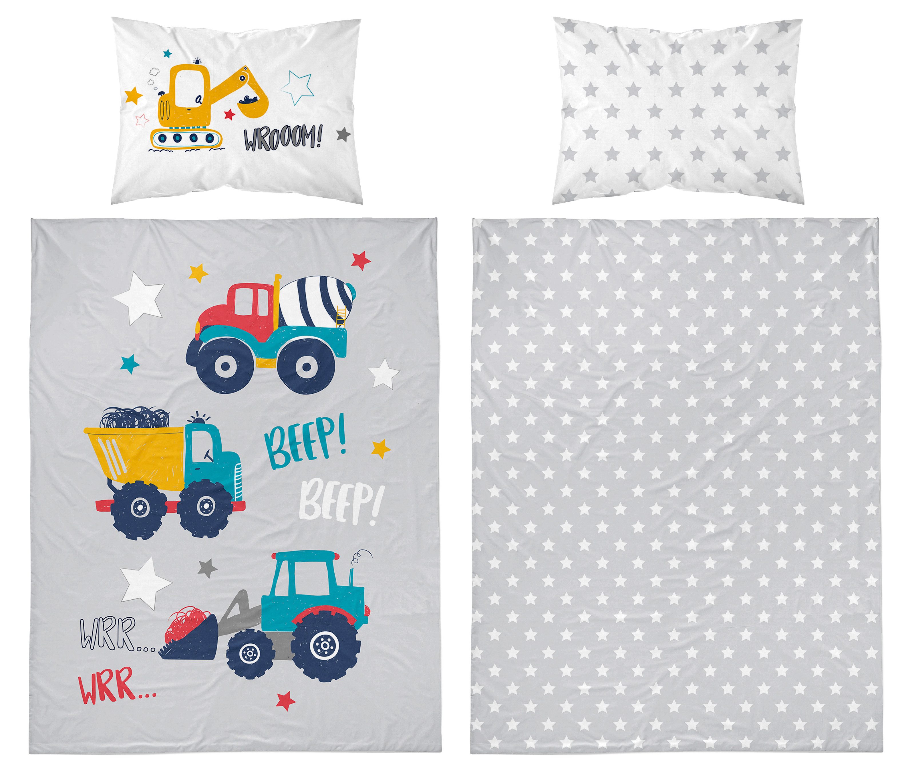 Babybettwäsche Set Baumaschinen 2tlg. 100% Baumwolle Größe: 100x135 cm, 40x60 cm