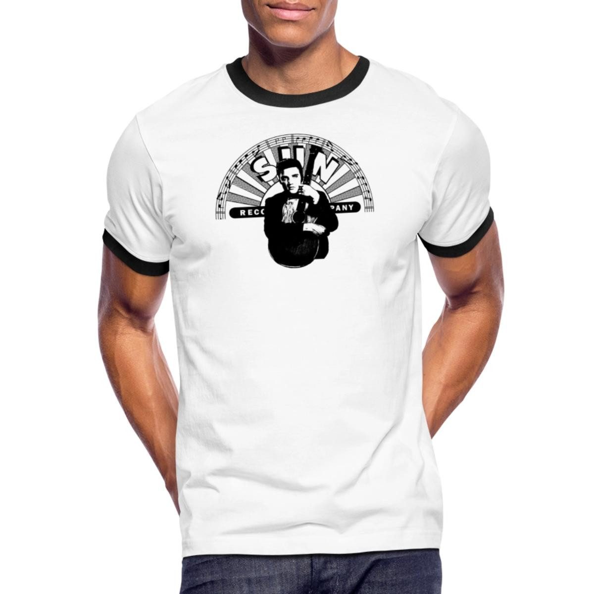 Spreadshirt T-Shirt Elvis Presley Elvis Mit Gitarre & Sun Records Logo Männer Kontrast T-S (1-tlg)