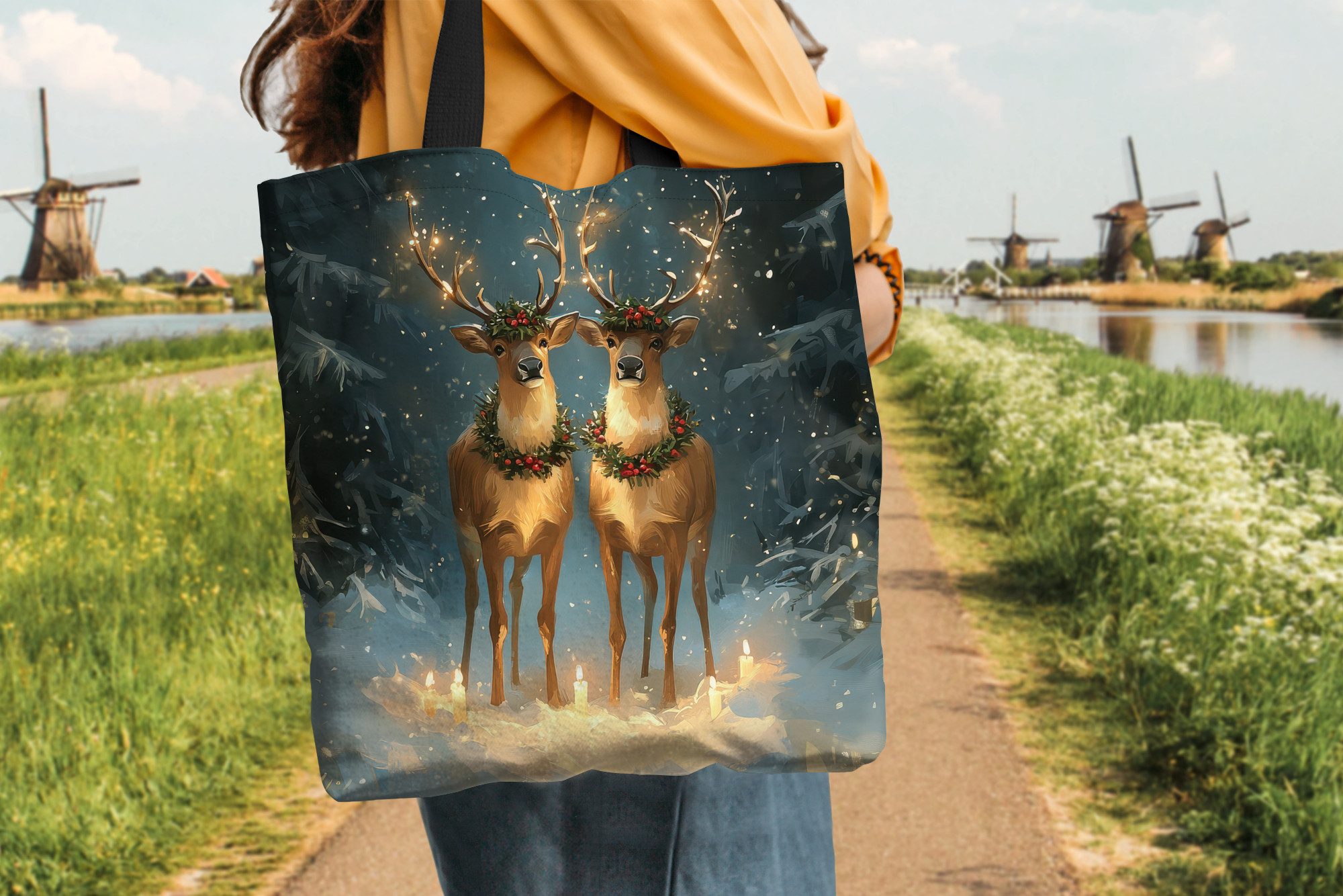 MuchoWow Shopper Kiefer-Märchen - Rentier - Nacht, Handtasche, Damen und Herren, Schultertasche, Umhängetasche, Tote Bag