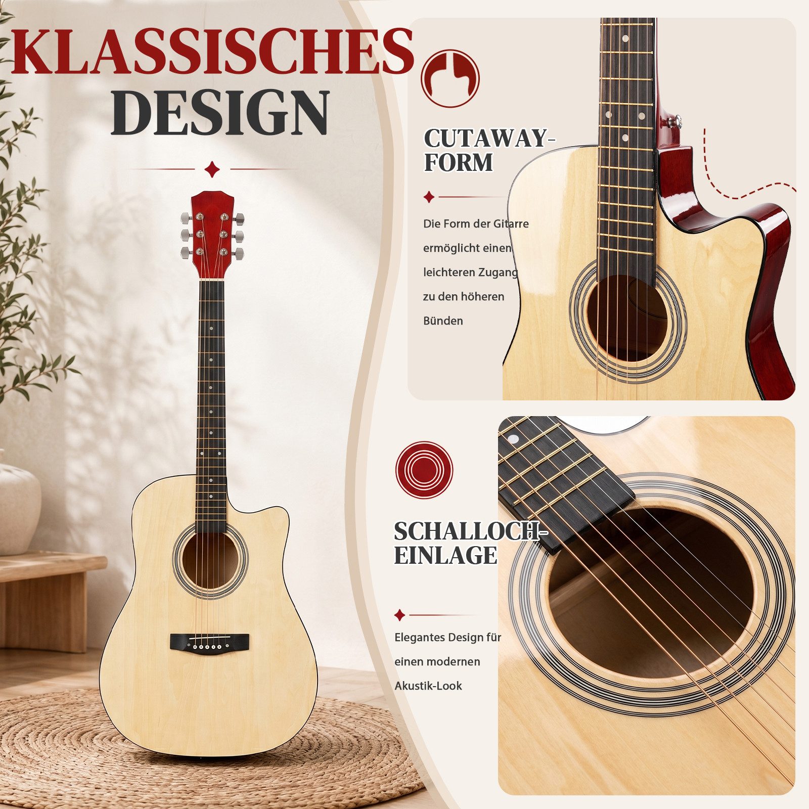 LALAHO Akustikgitarre 41 Inch Hartholz Cutaway mit Griffbrett,Konzertgitarre Westerngitarren, Set inkl. Tasche, Ersatzsaiten, Gurt und Plektren – Bild 5 von 5