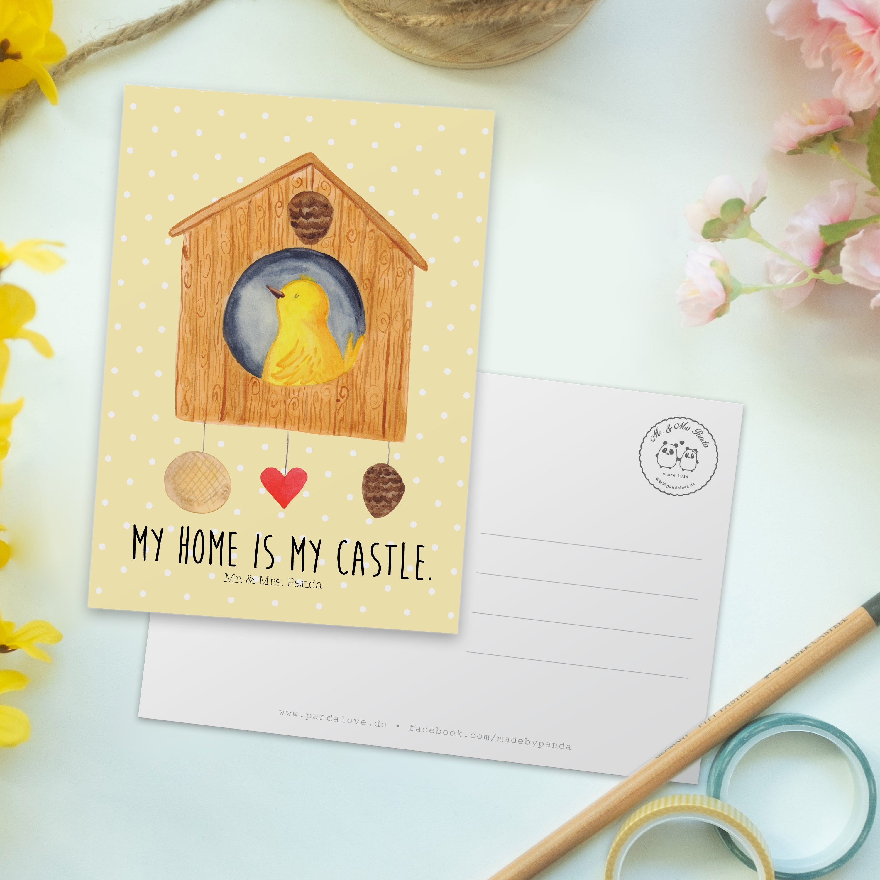 Vogelhaus - unser Panda Dankeskarte, Mr. Mrs. Haus, Geschenk, Gelb Pastell & Einladu Postkarte -