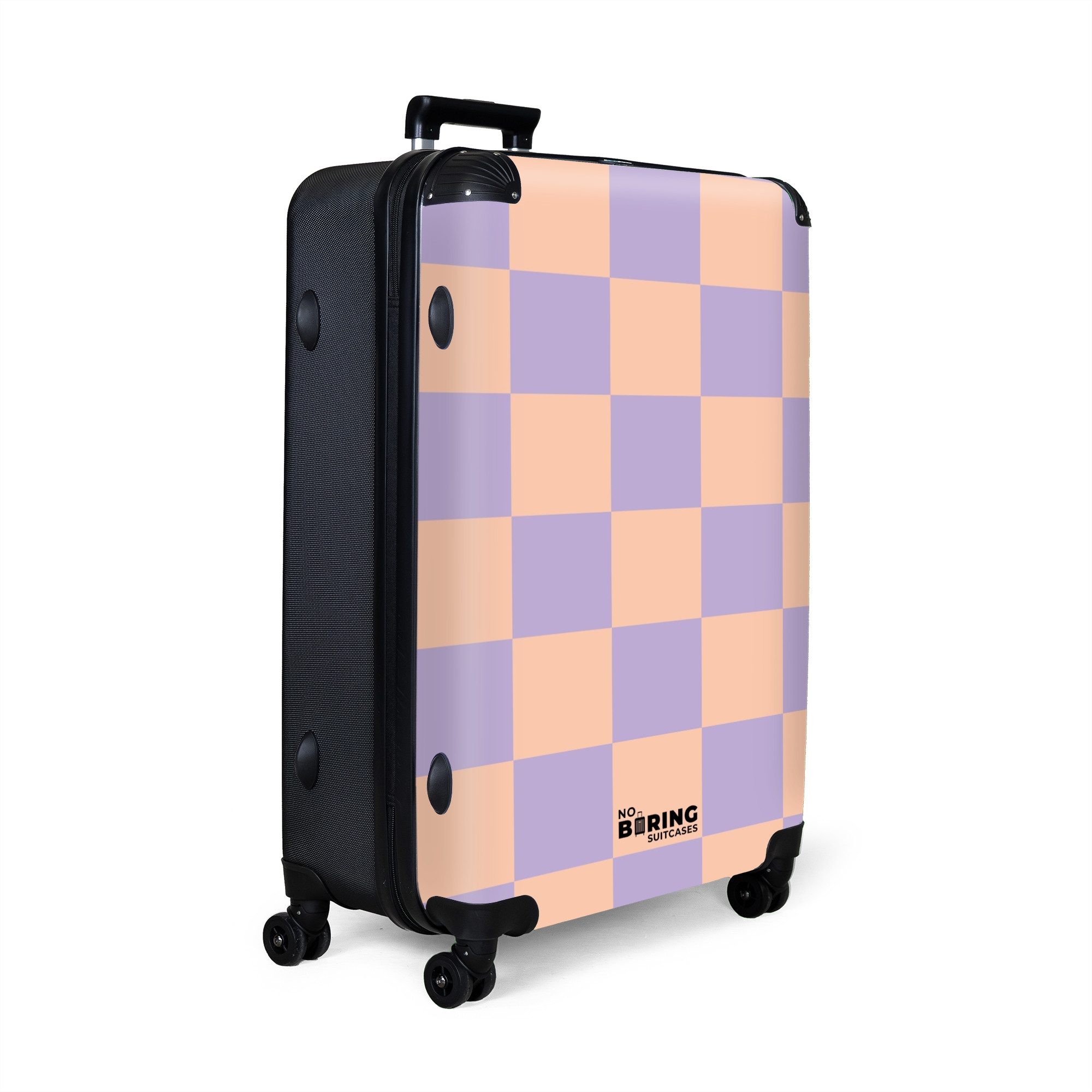 NoBoringSuitcases.com© Hartschalen-Trolley Lila mit rosa Schachbrettmuster günstig online kaufen