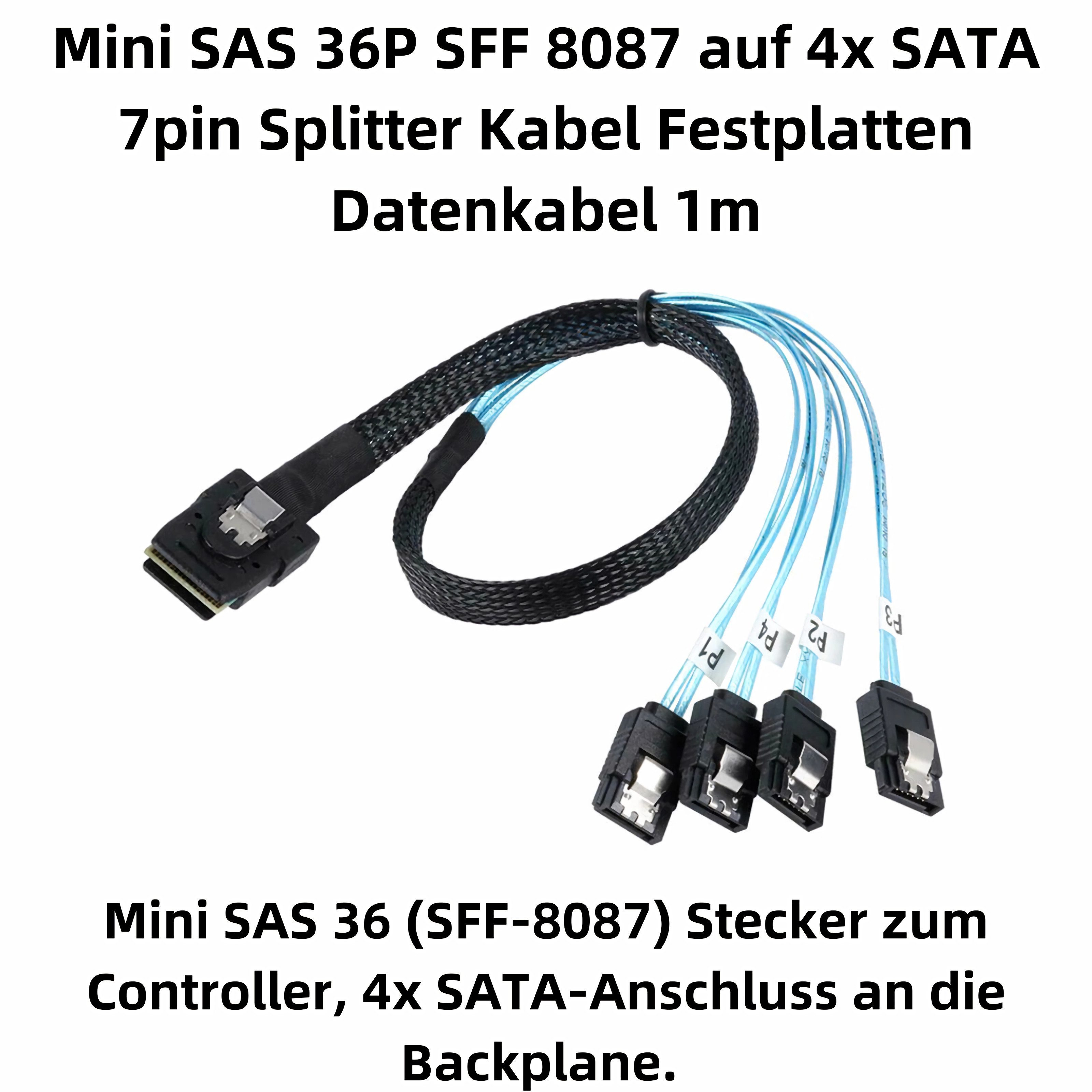 Bolwins H72 1m Mini SAS SFF 8087 36P auf 4x SATA 7pin Kabel Adapter Festplatte Computer-Kabel, Mini SAS SFF-8087 Stecker, 4x SATA 7P Stecker (100 cm), 12 Gbit/s, Hot-Swap, Plug & Play