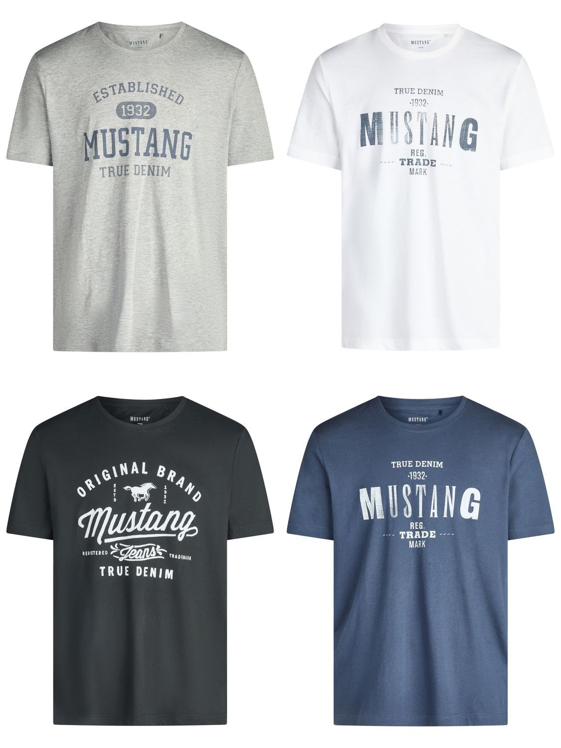 MUSTANG T-Shirt Herren Printshirt 4er Pack Set Regular Fit (Vorteilspack, 4-tlg) Kurzarm Sommer Tee Shirt mit Rundhalsausschnitt aus 100% Baumwolle