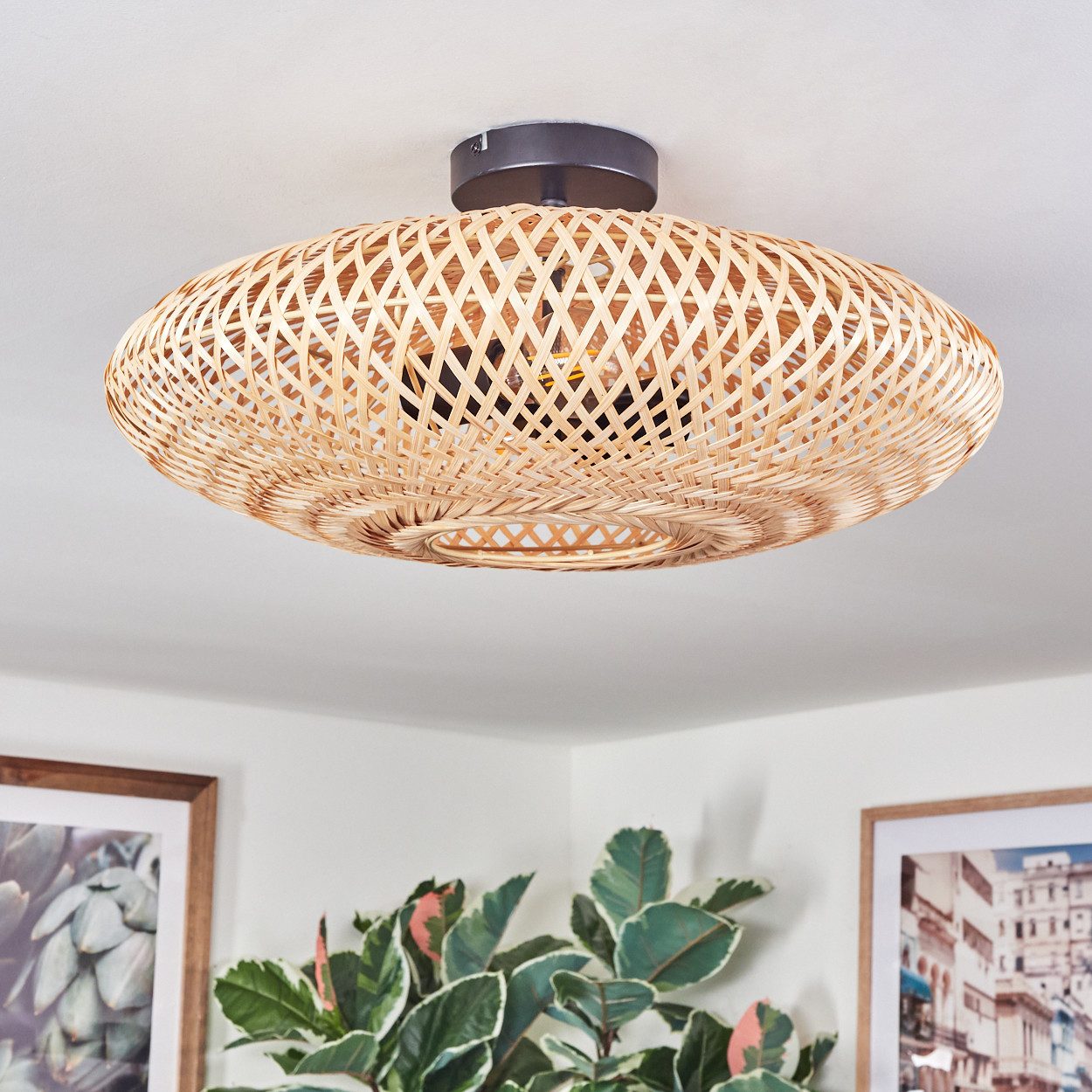 hofstein Deckenleuchte Deckenlampe aus Metall/Bast in Schwarz/Naturfarben, günstig online kaufen