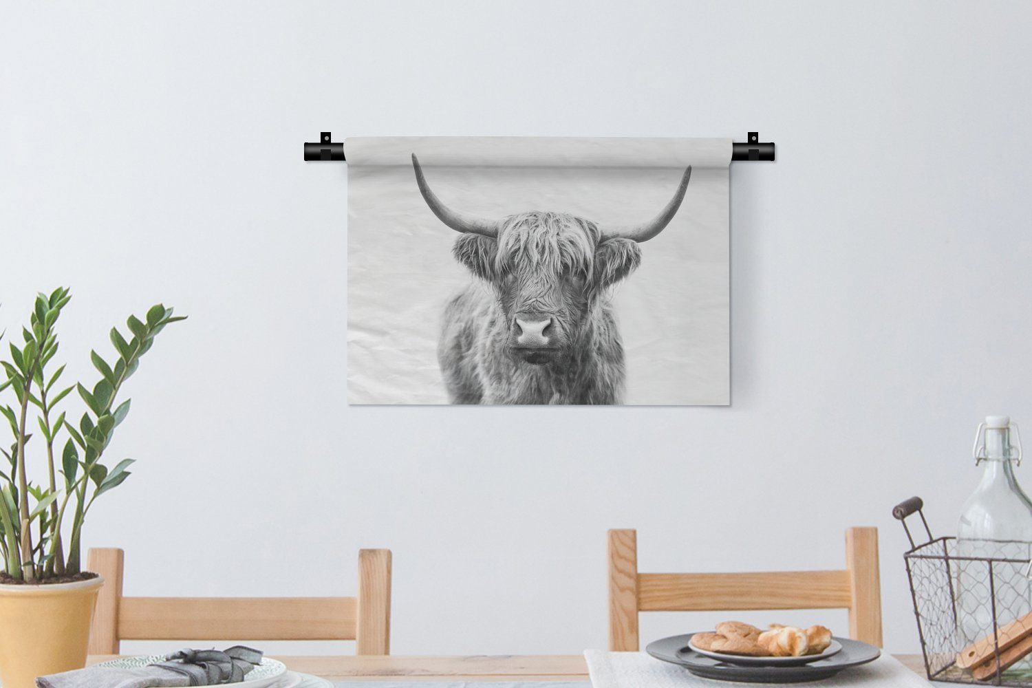 Schlafzimmer, Highlander - Wanddeko MuchoWow - Wohnzimmer, Wandbehang, Kleid, für und Schwarz - Tiere Hörner weiß, Schottischer Wanddekoobjekt Kinderzimmer