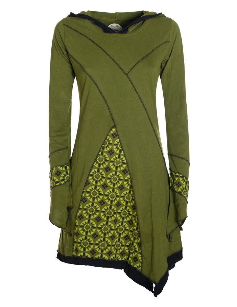 Vishes Zipfelkleid Langarm Damen Elfen Elfentunika olive Style Hippie, Boho, Zipfelige Goa Zipfelkleid Bedruckt