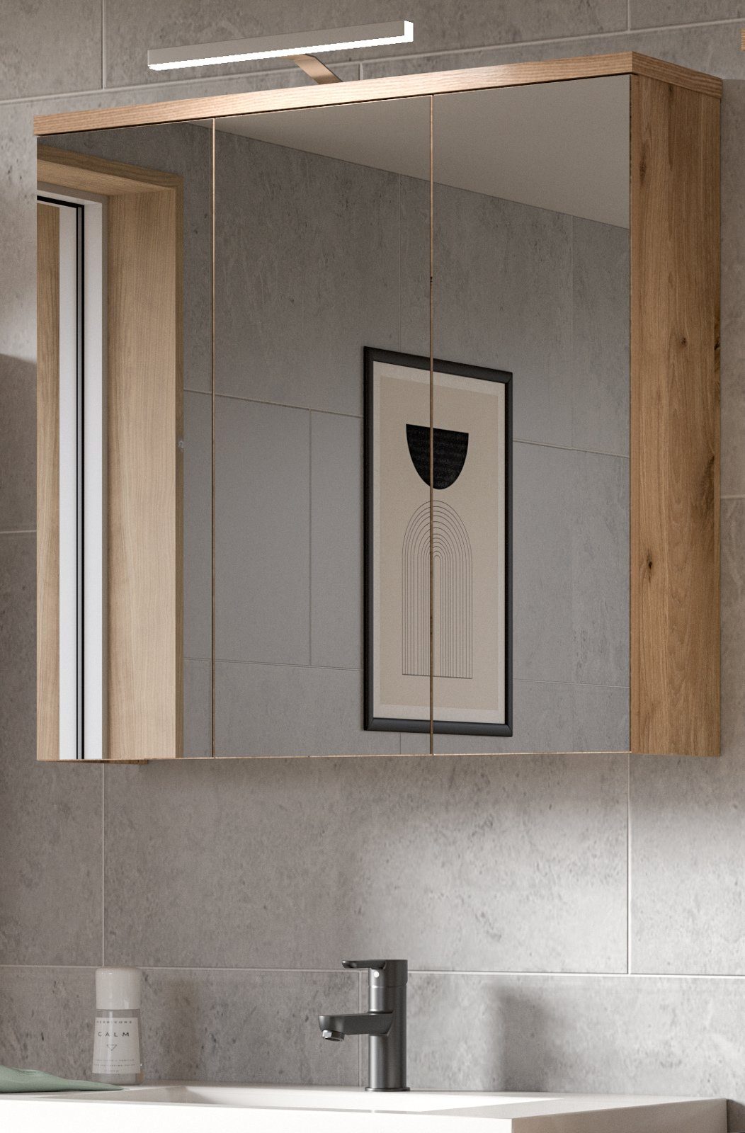 Inn.Furn Badezimmerspiegelschrank Oderzo (Badschrank in Nox Eiche, 3-türig 80 x 75 cm) Soft-Close-Funktion