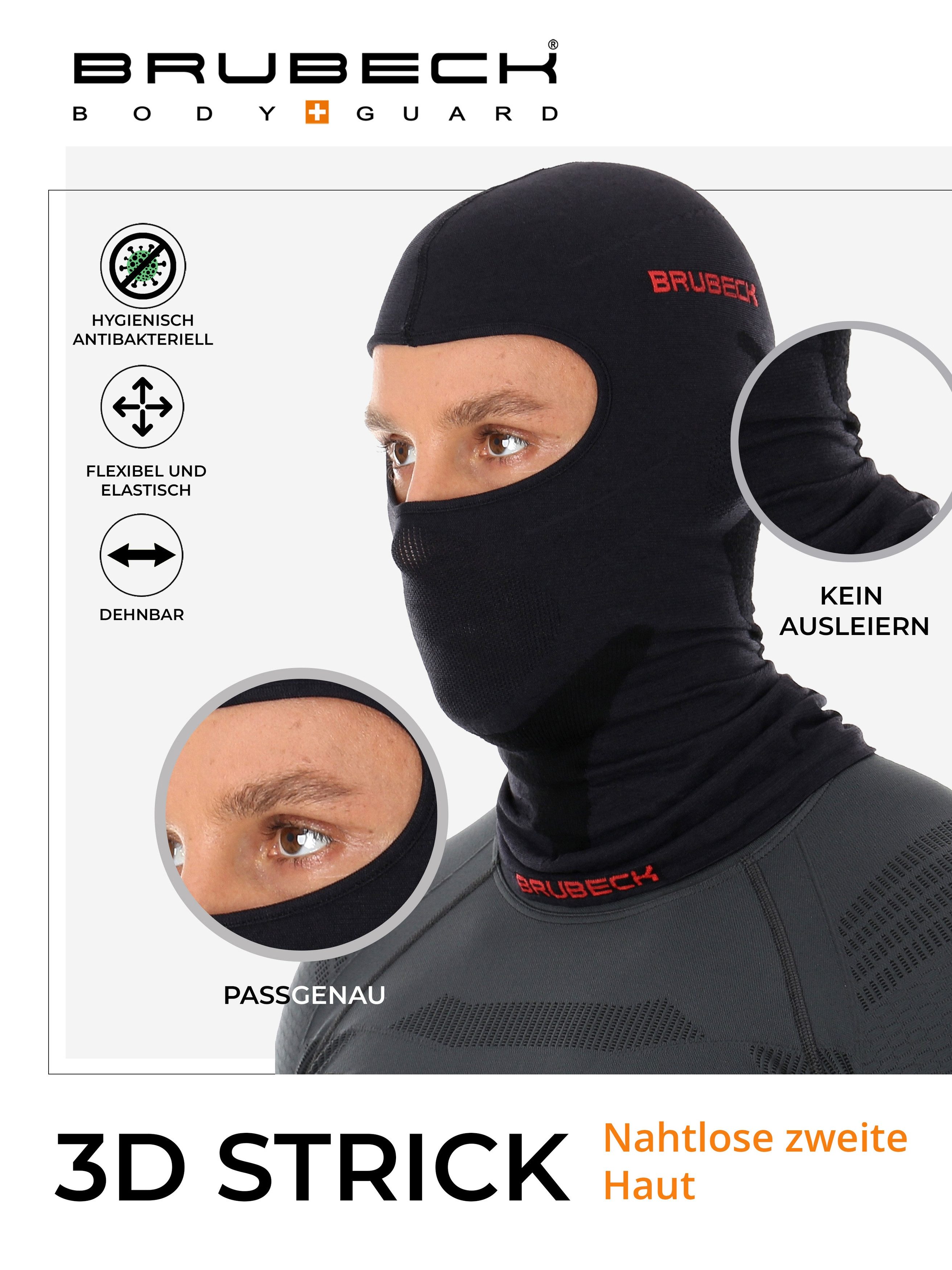 BRUBECK Sturmhaube Merino Skimaske für natürliche Wärme und Klimaausgleich Schwarz L/XL atmungsaktiv, schnelltrocknend, windabweisend