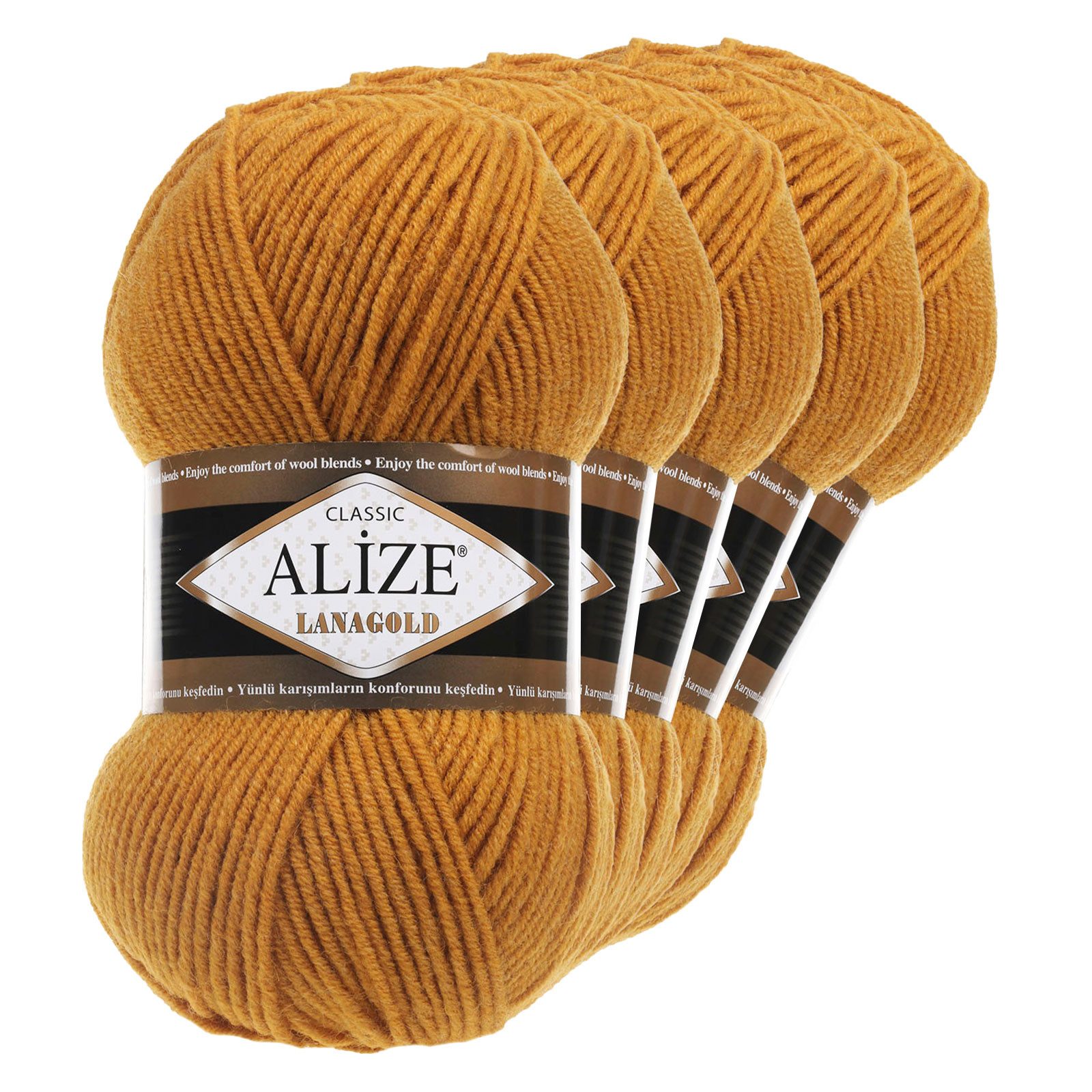 Alize 5 x 100 g ALIZE Lanagold 49% Wolle Strickgarn Winterwolle Schurwolle Häkelwolle, 240 m, senfgelb