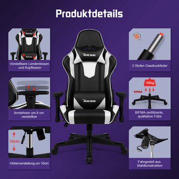 Lexzurn Gaming-Stuhl Gaming Stuhl, Bürostuhl,Ergonomischer Schreibtischstuhl (mit verstellbare Kopfstütze und Lendenwirbelstütze, Computerstuhl mit Lendenkissen, Gamer Stuhl Wippfunktion 90°-165), PC Gamer Racing Stuhl bis 150kg