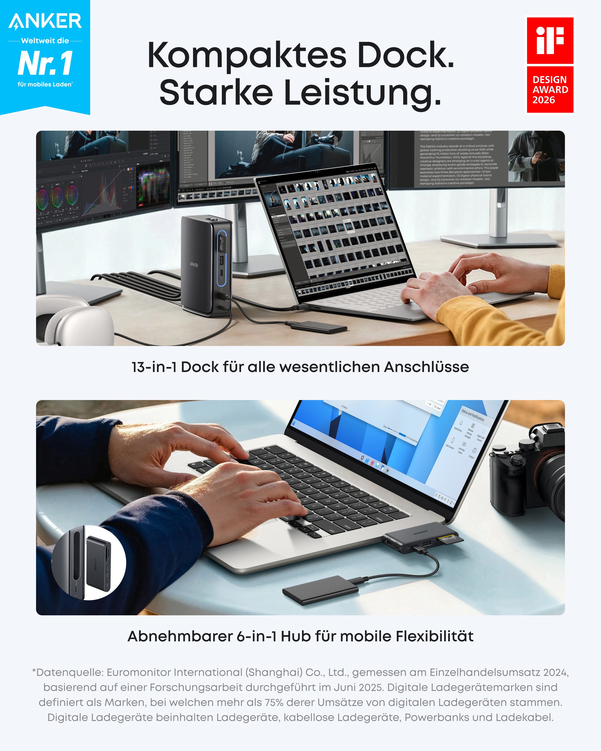 Anker Laptop-Dockingstation Anker Nano Laptop Dock, Integrierter Hub, 13-in-1 USB-C Triple-Display, (13-in-1 Dockingstation, 6-in-1 abnehmbarer Hub, 1m USB-C Kabel), Max. 100W Power Delivery, max. 10 Gbps Datenübertragung